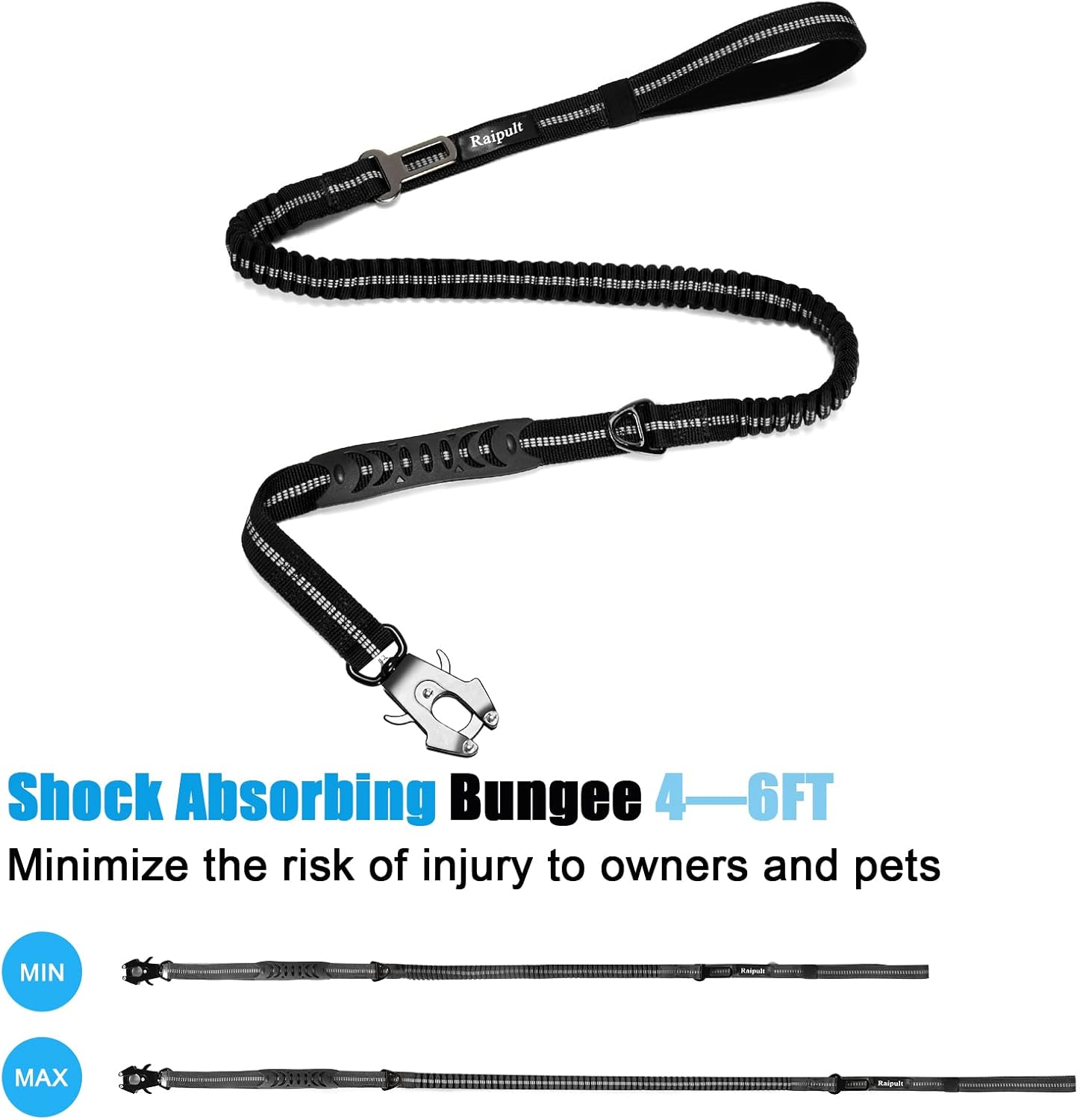Raipult Tactical Heavy Duty Bungee Dog Leash for Medium Large Dogs That Pull, Military K9 Working Lead, 4-6FT Shock Absorbing Frog Clip Dog Leashes with Padded Traffic Handle & Car Seatbelt, Black - Black image number 6
