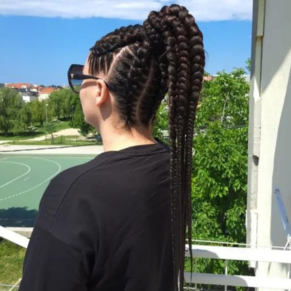 Afbeauty Black Braided Lace Front Wig for Women Synthetic Handmade Black High Ponytail Braided Wig with Baby Hair Heat Resistant Fibre Braid Wigs for Cosplay Party Makeup image number 5