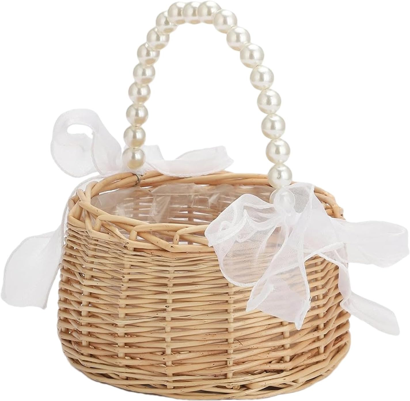 Wicker Basket for Flower Girls, Braided Flower Basket, Flower Basket with Bow and Pearl Handle, Picnic Basket, Wicker Basket, Woven Basket for Wedding, Table Decoration