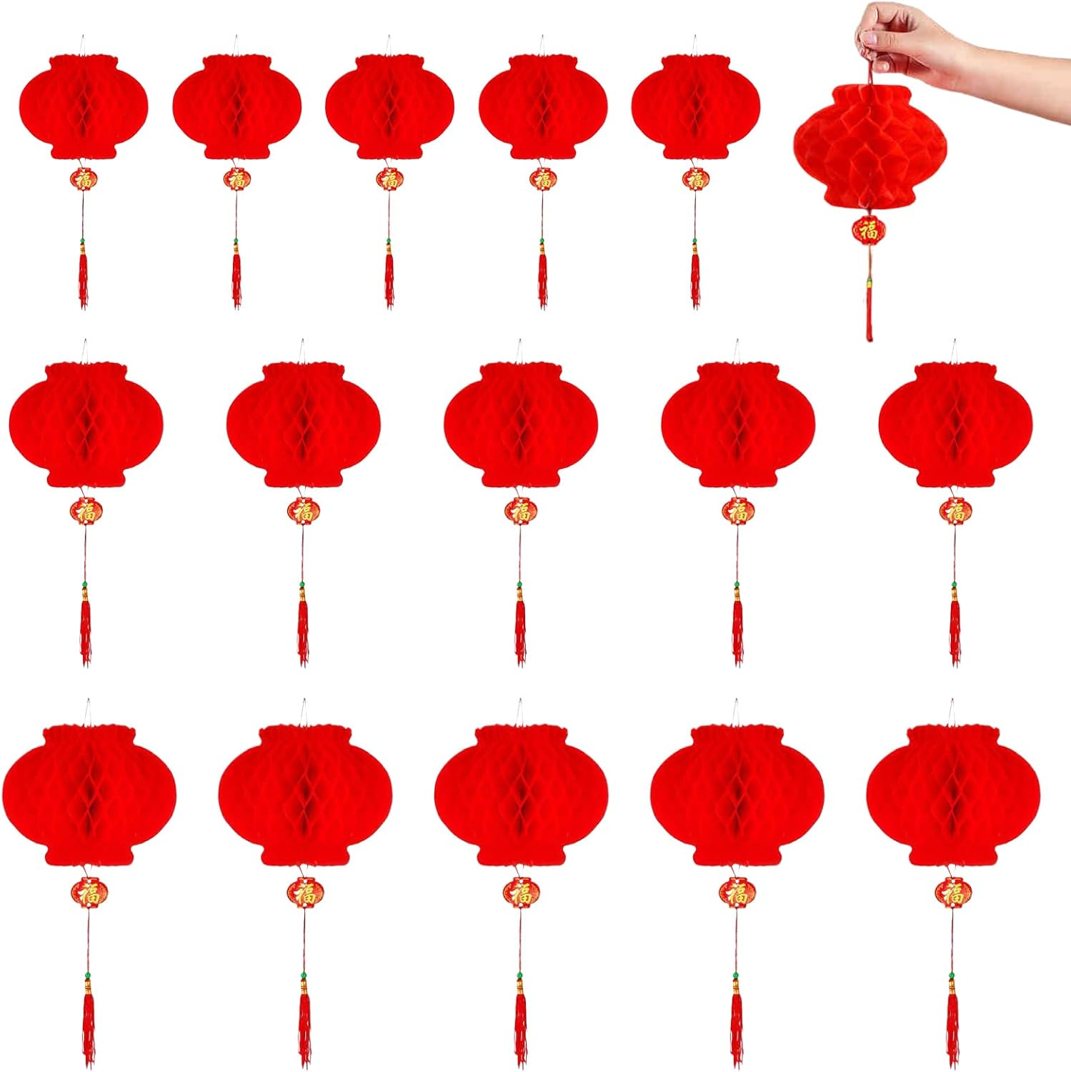Chinese Lanterns, Plastic Paper Lantern, Red Hanging Lanterns, Red Lanterns, Red Paper Lanterns, Foldable Waterproof for Chinese Spring Festival Festive Decoration, Pack of 15