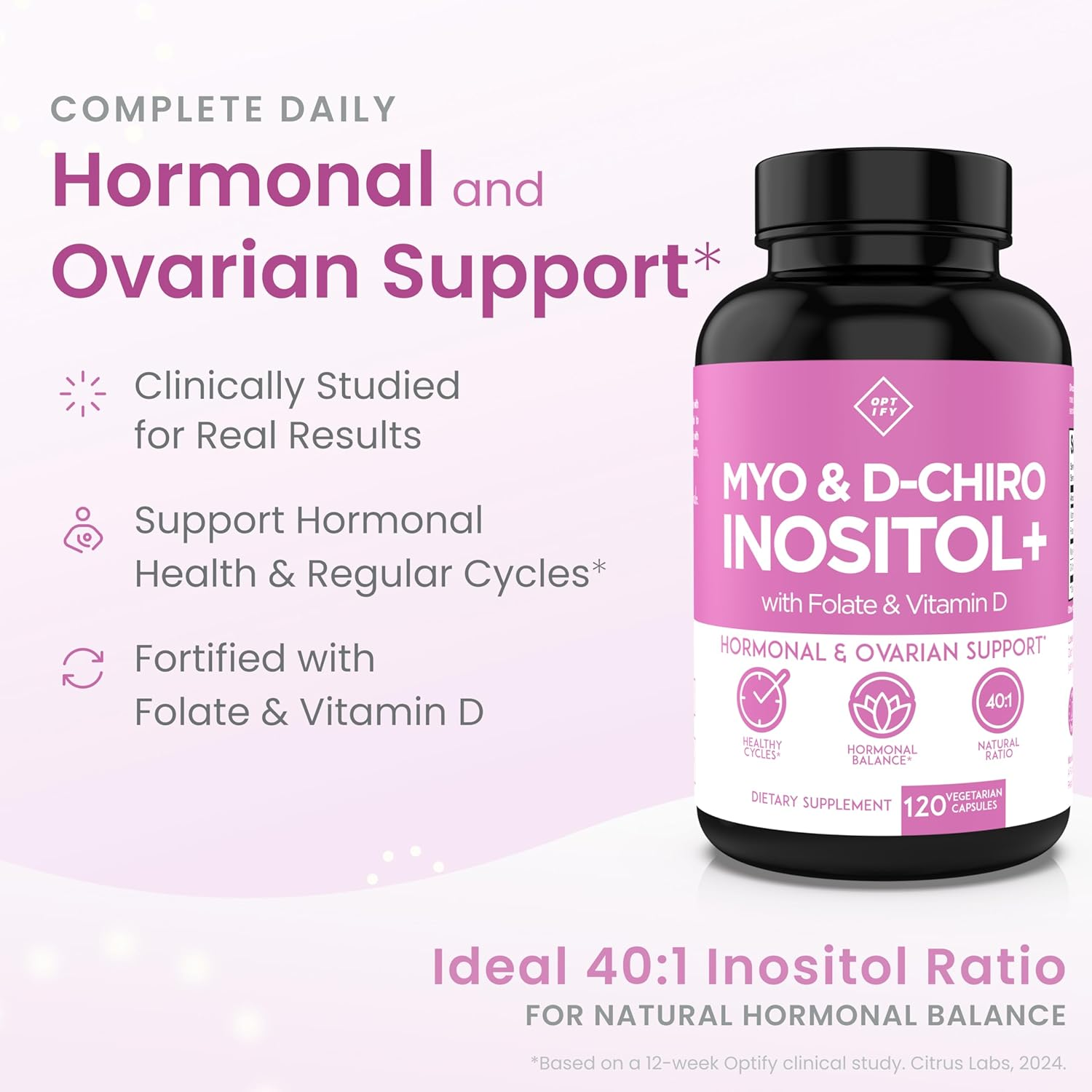 Premium Inositol Supplement - Myo-Inositol and D-Chiro Inositol plus Folate and Vitamin D - Ideal 40:1 Ratio - Hormone Balance & Healthy Ovarian Support for Women - Vitamin B8-30 Day Supply