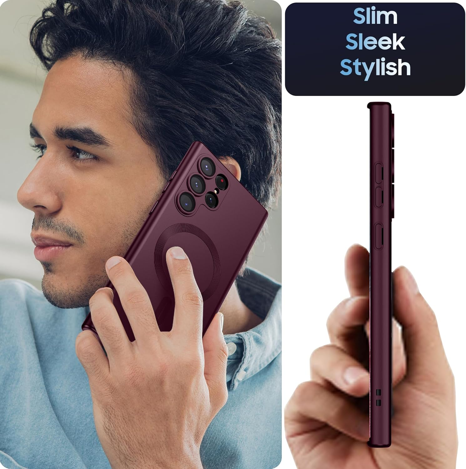 MAKAVO Matte for Samsung Galaxy S22 Ultra Case, Compatible with Magsafe, Slim Thin Magnetic Cover with Built-In Camera Lens Protector Shockproof Phone Shell (Burgundy) - Burgundy image number 4