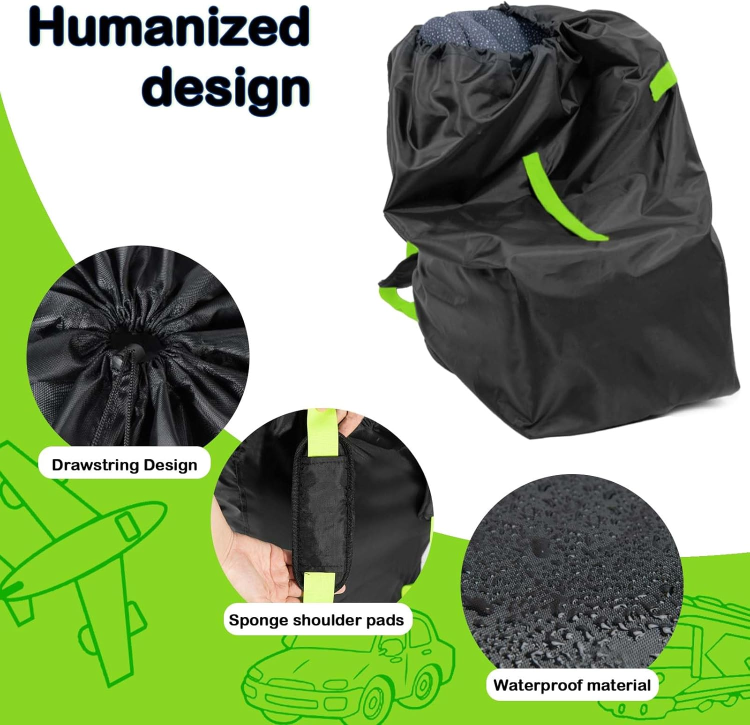 Baby Car Seat Travel Bag,Dust Water Resistant Easy Carry Gate Check Airport Protector Bag, Fits Convertible Car Seats, Booster Seat, Infant Car Seat Gate Check Bag Cover for Airplane (Green) image number 5