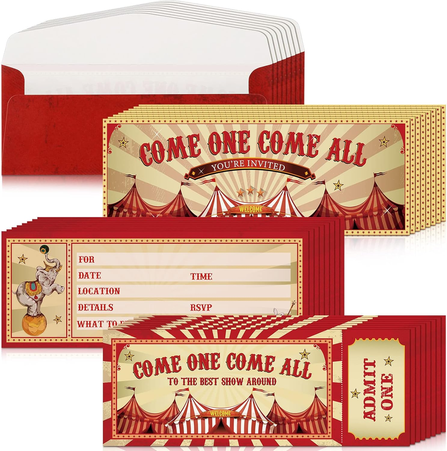 Fuutreo 50 Pcs Circus Invitations with Envelopes Vintage Circus Party Invitations Themed Circus Birthday Invitation Cards Double Sided Party Ticket Invites Cards for Children Circus Party Supplies