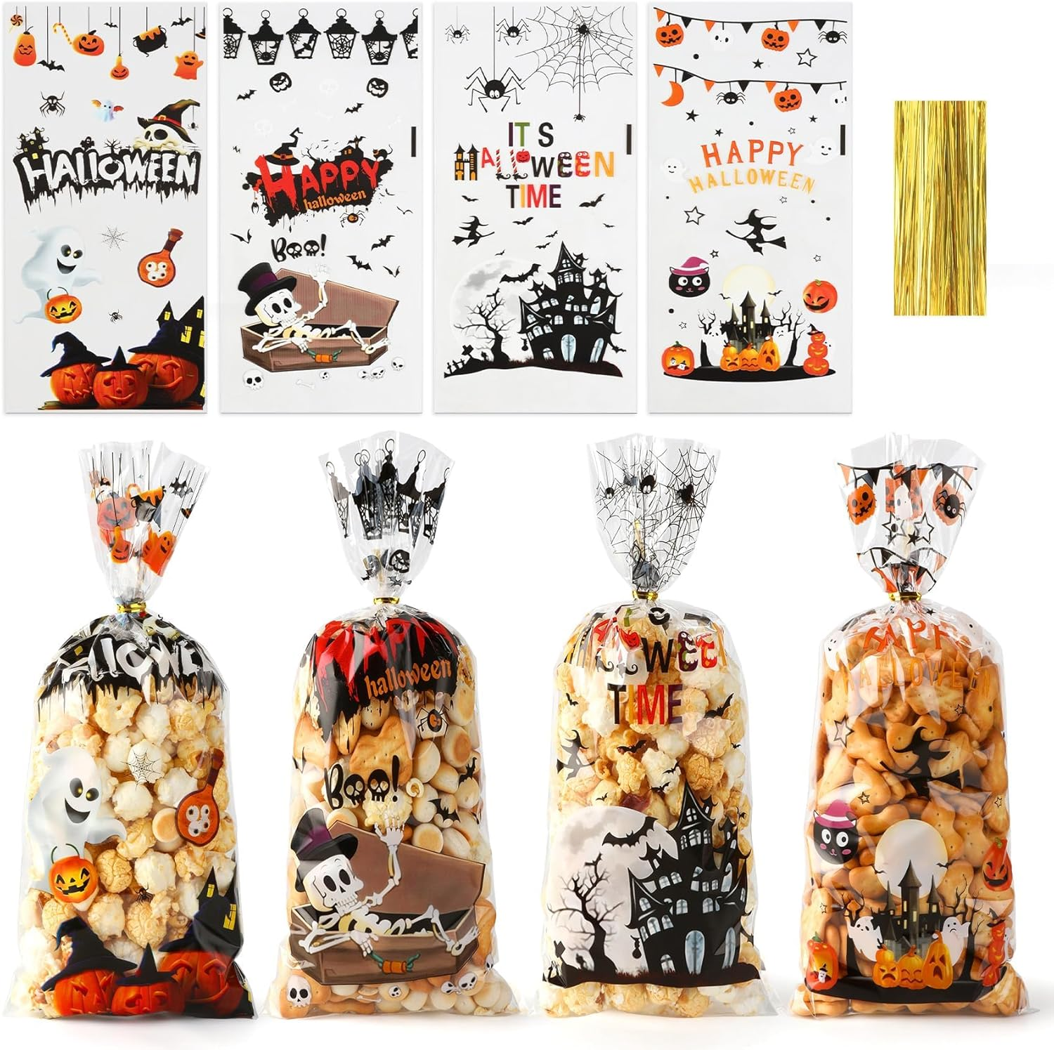 Halloween Candy Treat Bags,100Pcs Five Styles Clear Cellophane Goodies Bags with 100PCS Twist Ties,Transparent Party Gift Supplies for Trick or Treat Snacks Cookies Popcorn Candy,For Halloween Party