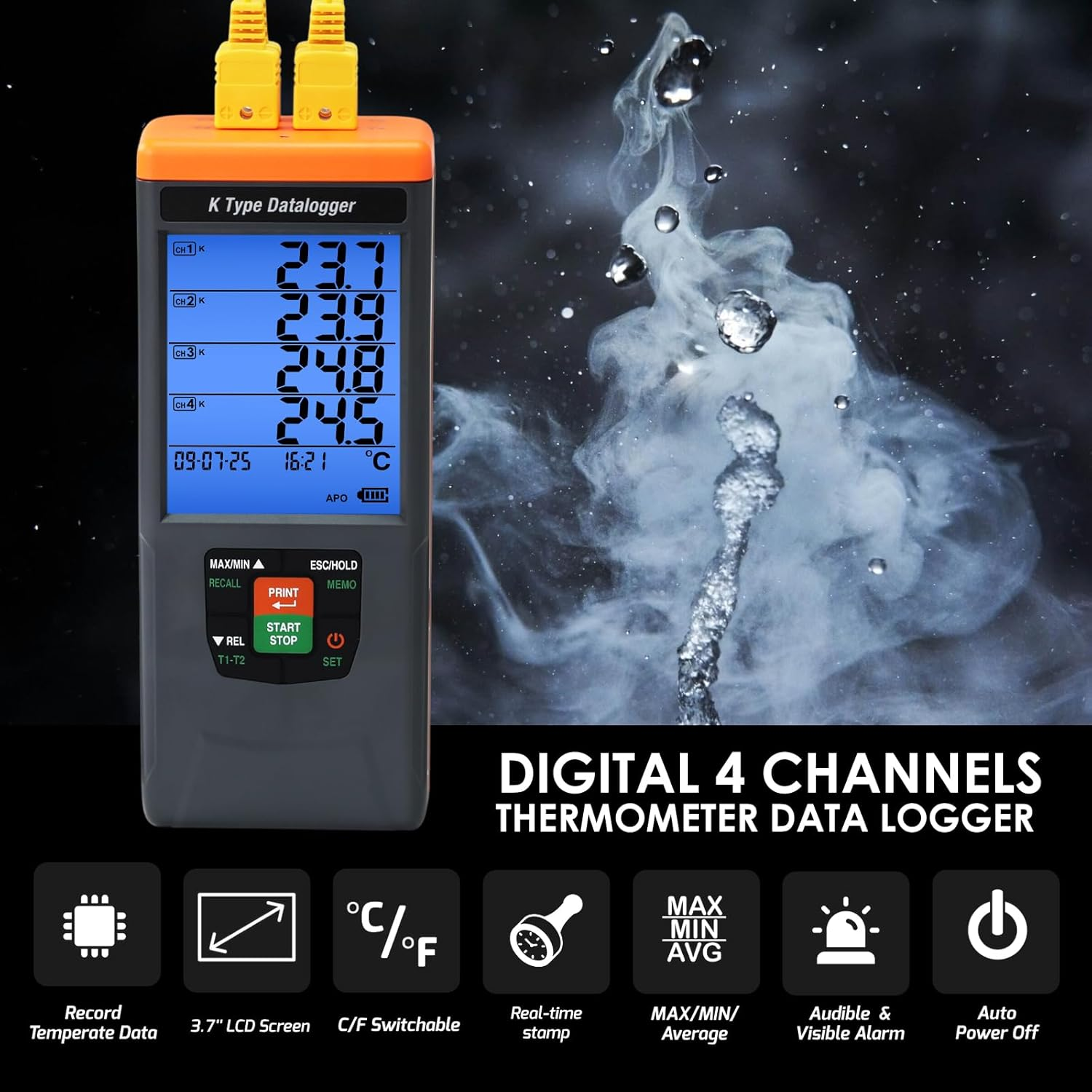 Thermocouple Thermometer Data Logger 4 Channel Digital K Type Temperature Data Logger Recorder with 48K Records, 328~2498℉ (-200~1370℃) Range with Audible/Visual Alarms for Laboratory Industrial image number 3
