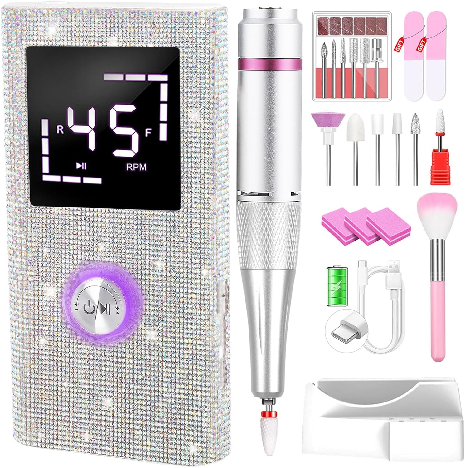 Cozyzen Cordless Electric Nail Drill, 45000 RPM Rechargeable Diamond E-File, Portable & Low Noise for Acrylic/Gel Nails, Manicure & Pedicure - Professional & Home Use