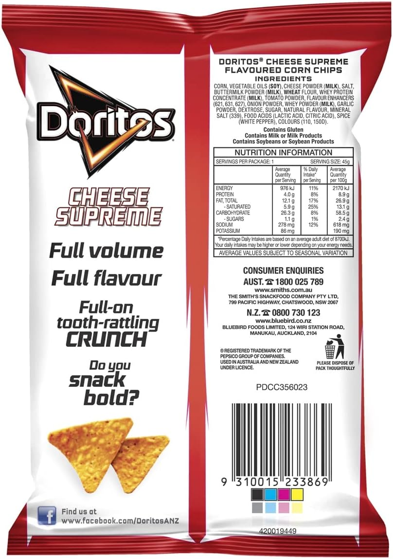 Doritos Corn Chips Snack Pack Cheese Supreme 45G