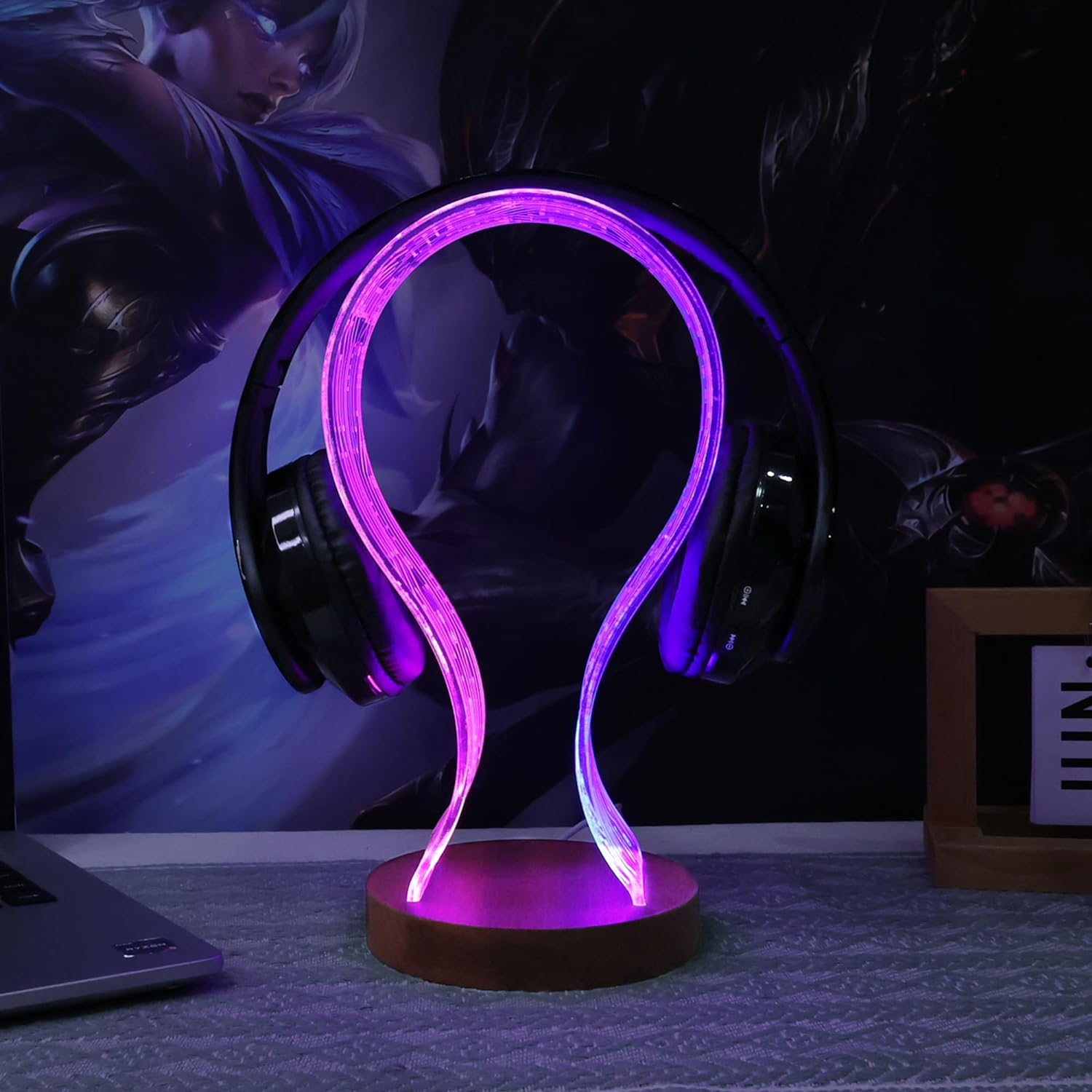 Yuandian Headphone Stand, Wood Headset Holder with Blue Pink LED Night Light for Gamers, Men, and Music Lovers - Desk Gift Idea - Pcb-Tray-Wooden Color image number 3