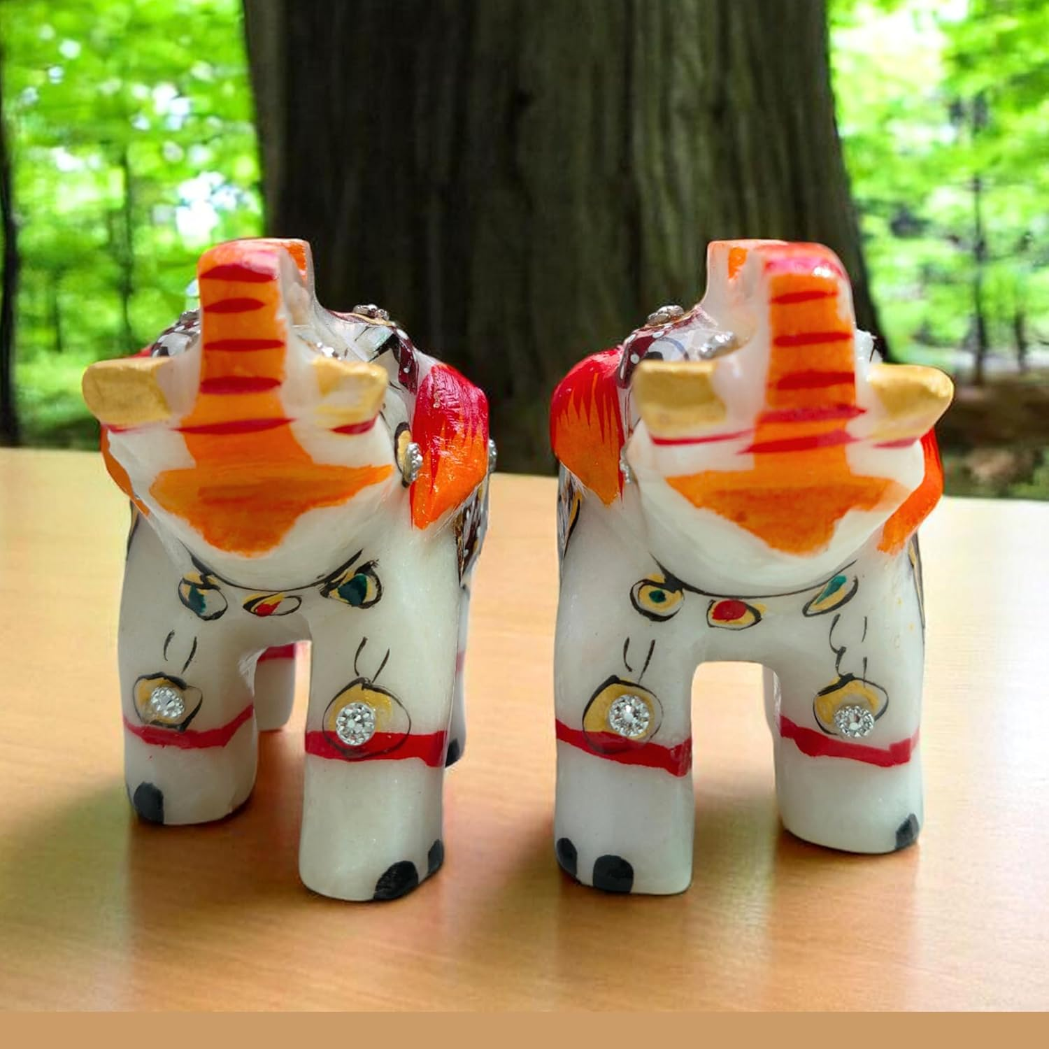 Natural White Marble Elephant Statue Pair 3X2.25 &ndash; Hand-Painted Multicolor Figurines &ndash; Gold Artwork Showpiece for Home, Living Room &ndash; Good Luck & Housewarming Gift D&eacute;cor Item image number 1