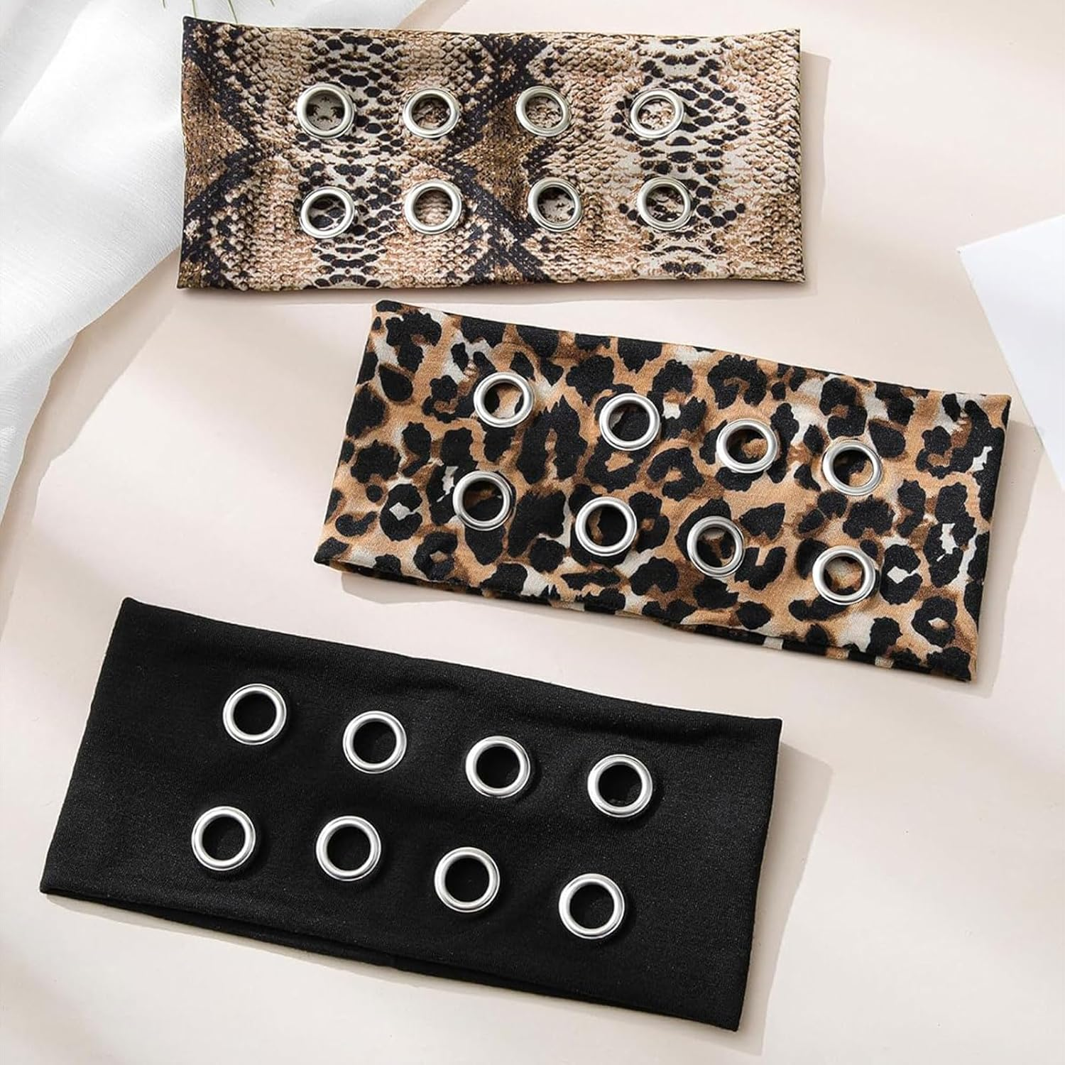 Muorruo 3 Pack Fashion Wide Headbands with Eyelets for Women, Elastic Headbands with Leopard Print and Hollow Out Eyelets | Stretchy Hair Accessories for Girls in Y2K Style image number 1