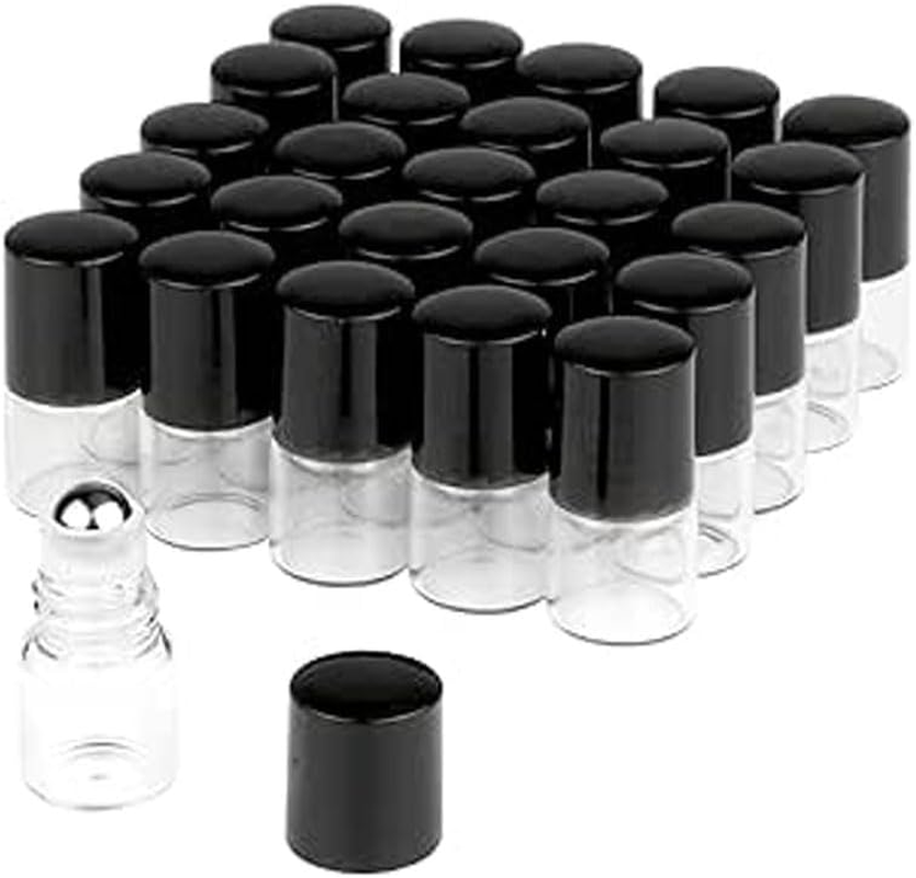 Clear Glass Roller Bottles, 1Ml, 24-Pack, Mini Vials with Black Cap for Essential Oil, Perfume, Aromatherapy