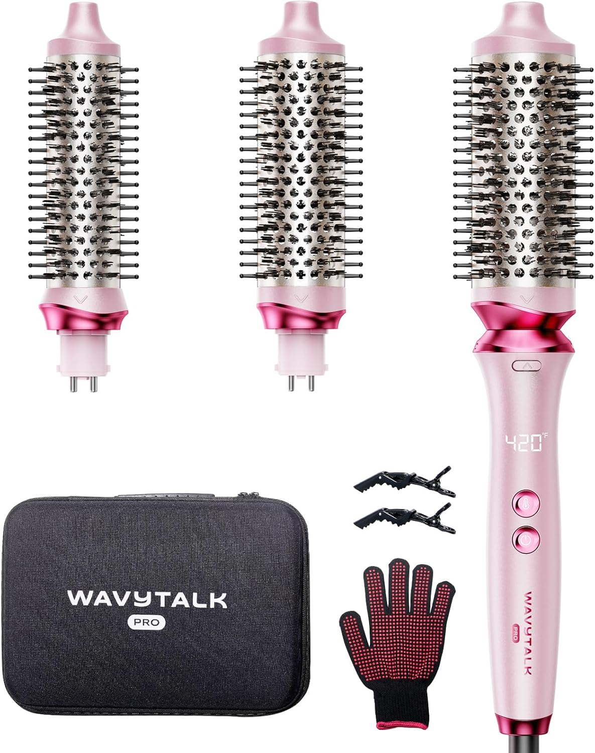 Wavytalk Heatwave Pro Ionic Thermal Brush Set, Dual Voltage 3-Size Heated round Brush for Short to Long Hair, Bilateral Negative Ions for Frizz-Free Shiny Blowout, Pink image number 3