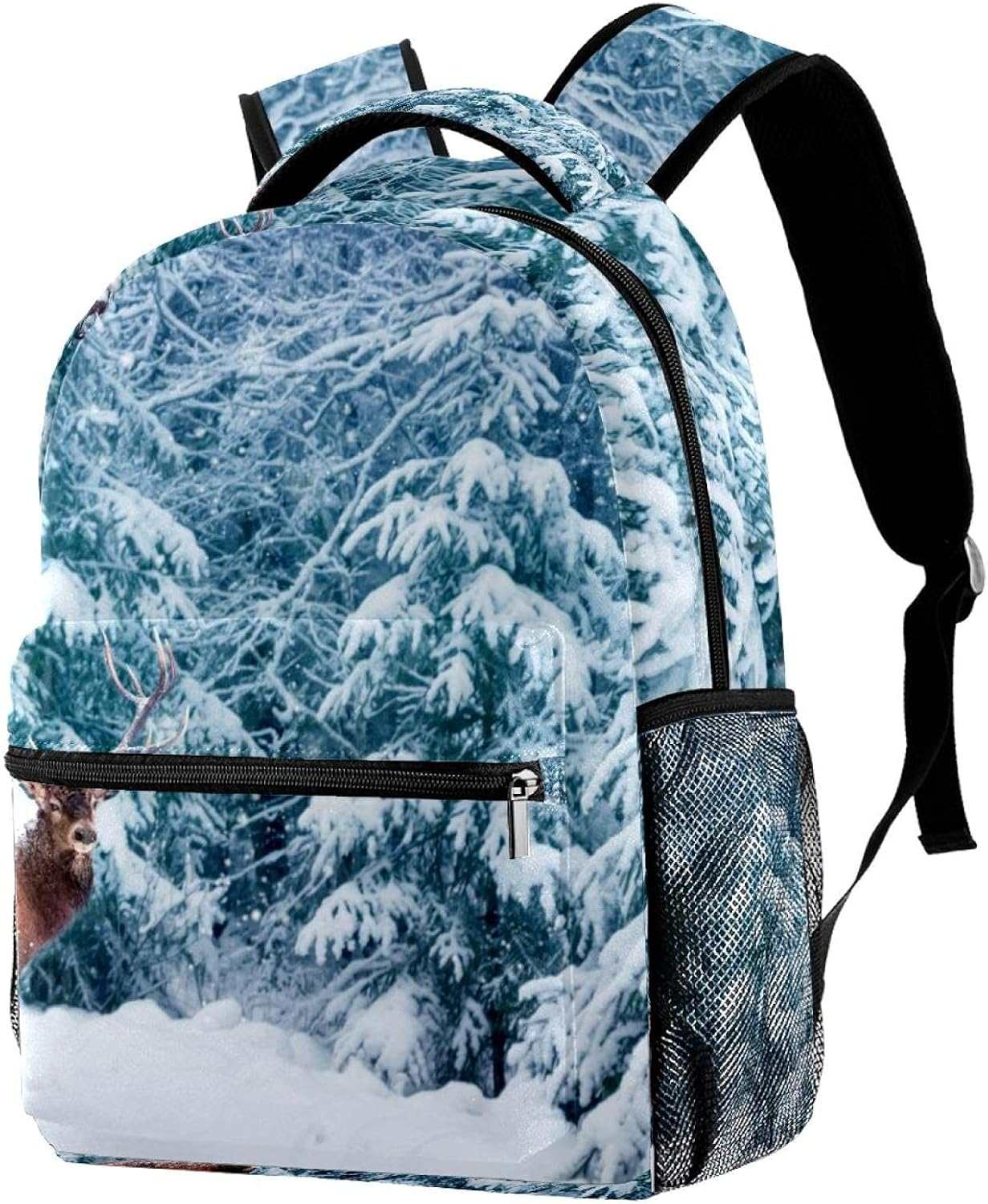 Deer Male with Big Horns in the Winter Snowy Forest Backpack Students Shoulder Bags Travel Bag College School Tote Backpacks