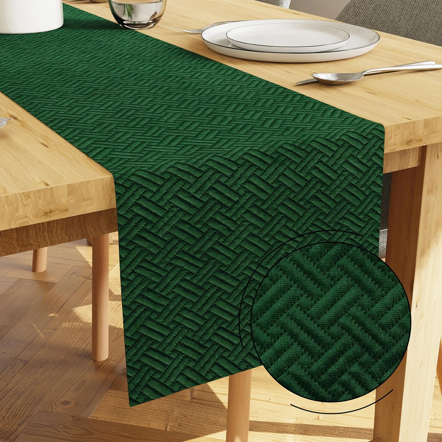 Encasa Dining Table Runner for 4 to 6 Seater | Forest Green Quilted Velvet | 32X150 Cm | Machine Washable
