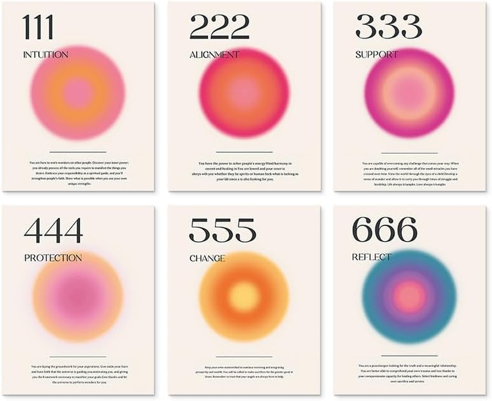ZIENVE Aura Angel Numbers Poster Set &ndash; 6-Piece Minimalist Inspirational Canvas Wall Art, Aesthetic Room & Bedroom Decor, 20 X 25Cm Unframed