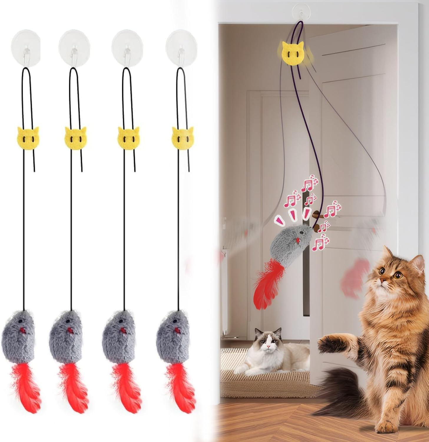 AOUZOVLI 4 Pieces Cat Toy Interactive Mouse Teaser Wand Hanging Door Frame with Squeaky Sound Realistic Mouse Design Feather Tail for Cat Run (Grey) image number 6