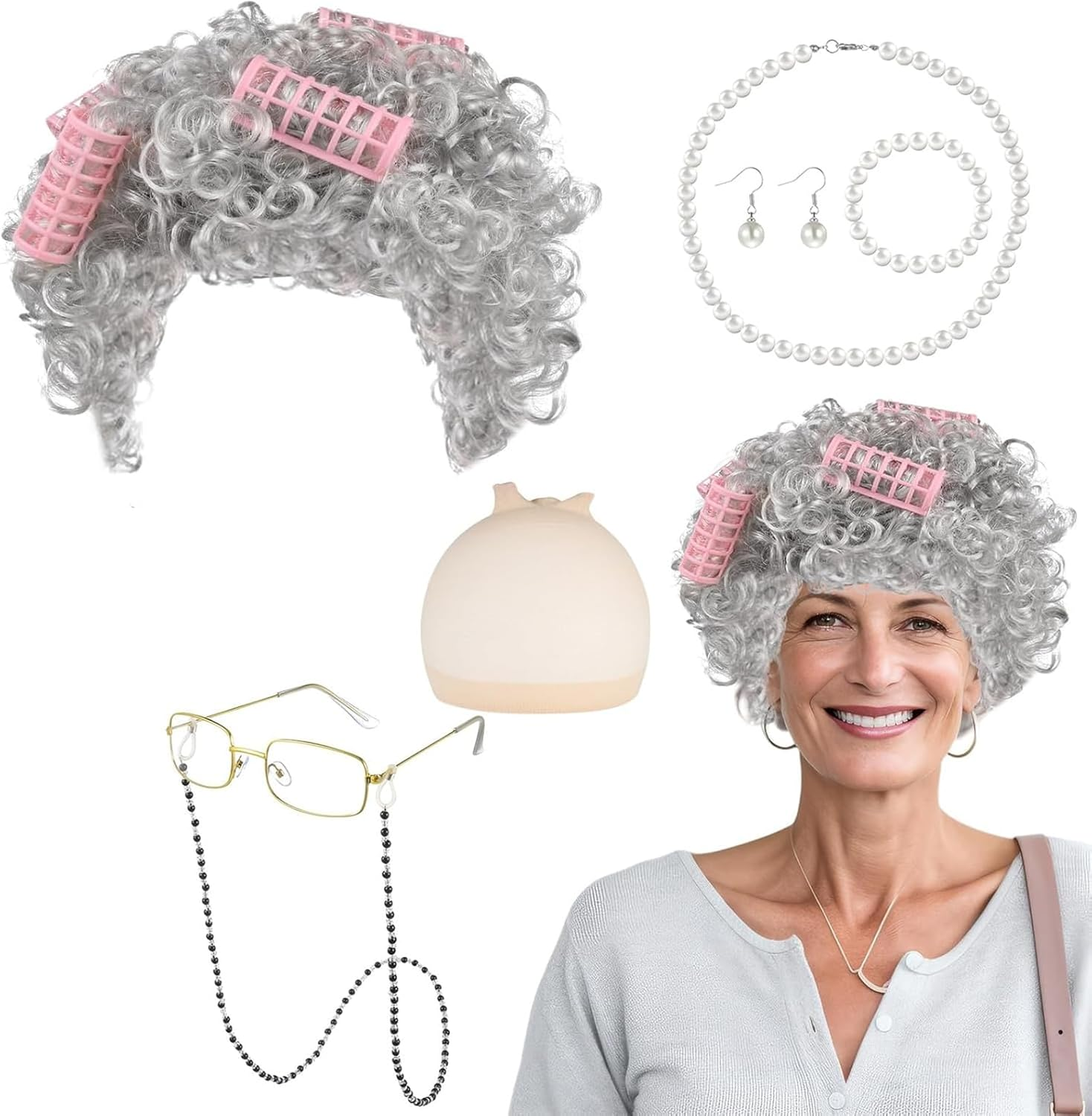 8Pcs Old Lady Dress up Wig Set, Granny Cosplay Set Halloween Grandma Curly Hair - Grandmother Wig, Hair Cap,Granny Glasses, Eyeglass Chains Cords Strap,Curlers,Pearl Necklace,Pearl Earrings image number 2