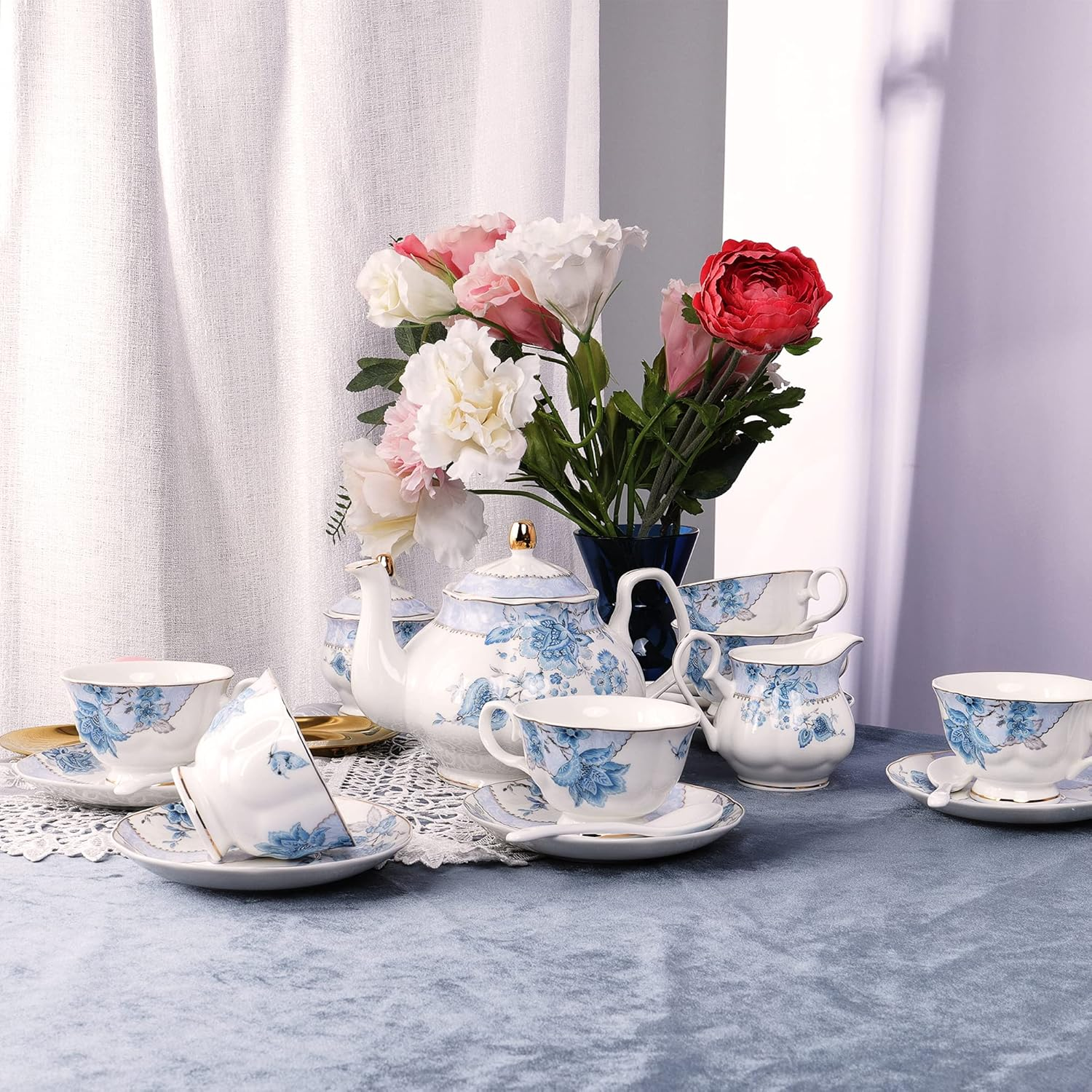 Fanquare Blue Flowers Porcelain Tea Set,Tea Cup and Saucer Set,Service for 6,Wedding Teapot Sugar Bowl Cream Pitcher,China Coffee Set image number 4