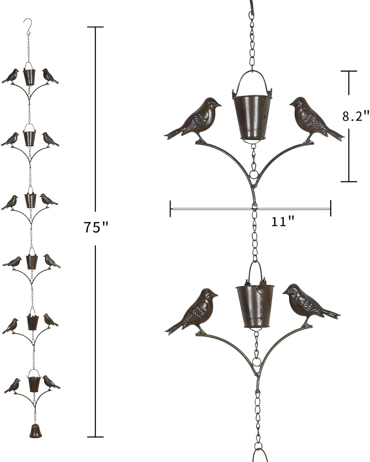 Topadorn Rain Chain Outdoor Decoration 6.3 FT, Rain Catcher Metal Chain Gutter Downspout 76'' for House Eaves, Garden & Patio, Birds & Buckets image number 1