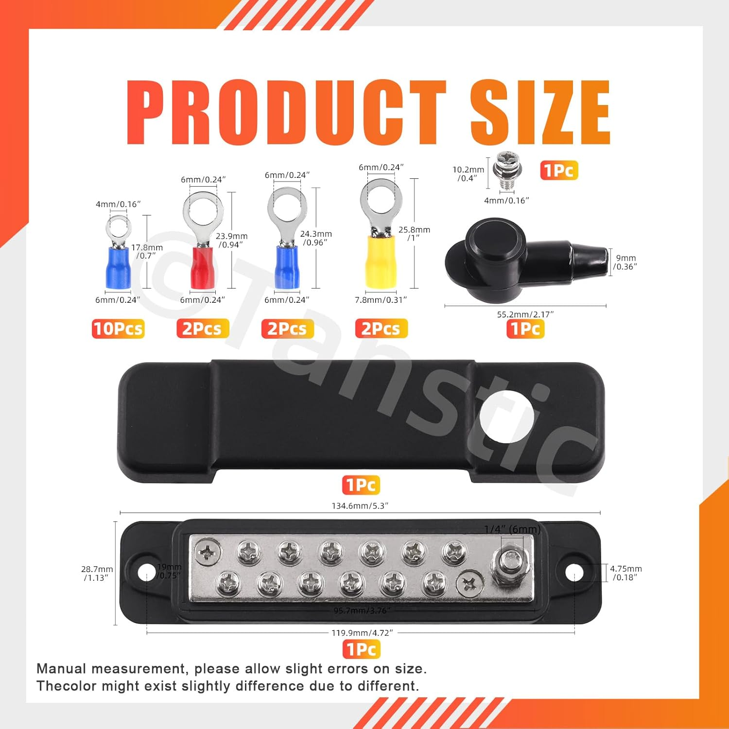 Tanstic 12 Terminal Power Distribution Block with Ring Terminals, 12 Terminals Bus Bar-1/4 Stud, 12 X M4 (#8) Terminal Screws, Black image number 6