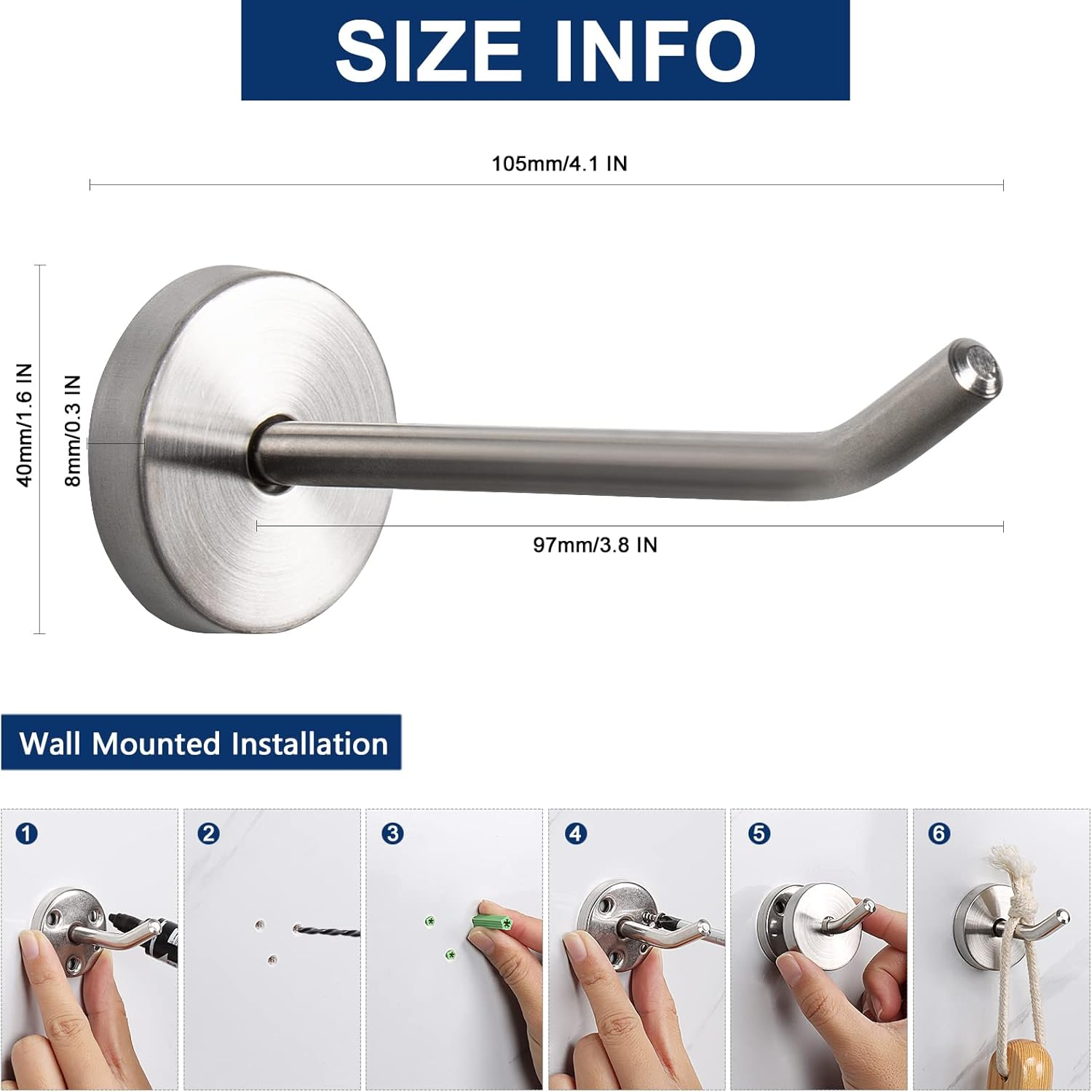 Nearmoon Coat Hooks, Wall Mount Hooks for Hanging Hat Hurse Robe, 304 Stainless Steel Heavy Duty Towel Hangers for Bathroom Livingroom Hotel Kitchen Garage, 6 Pack (4 Inch, Brushed Nickel) image number 2