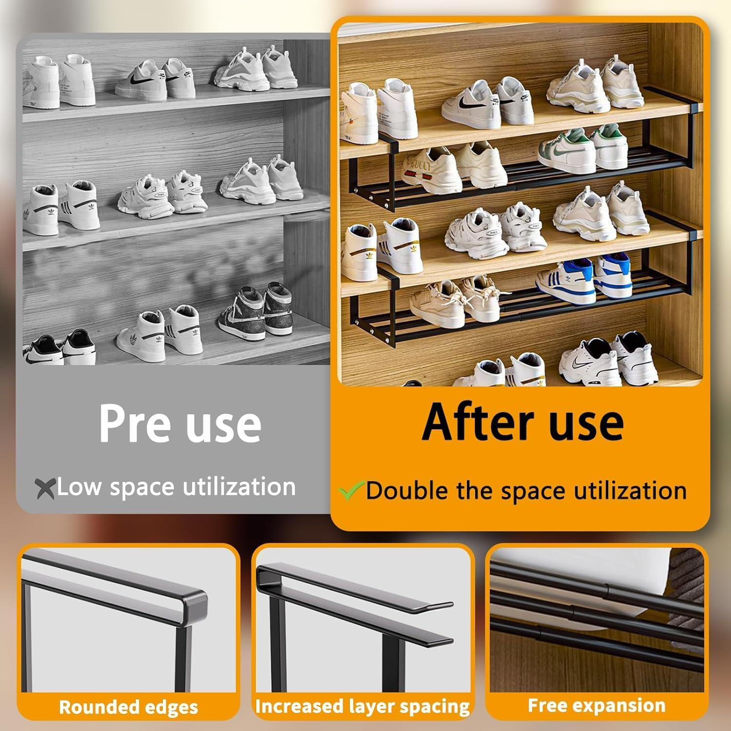 2 Pcs Expandable Shoe Rack Organizer,Metal Hanging Shoe Rack for Kitchen,Book or Clothing Storage and Organization,Under Shelf Storage image number 4