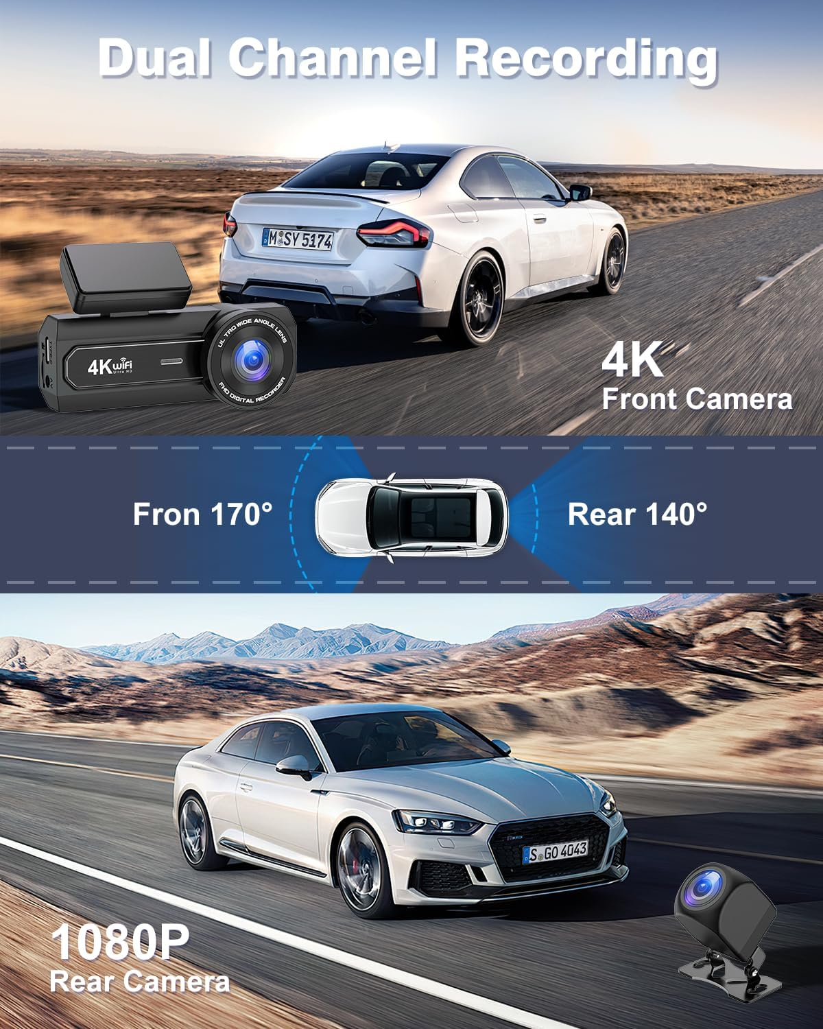 4K+1080P Dash Cam Front and Rear CHORTAU, Wifi Dual Dash Cam with Free 64GB Card, 2.99&rsquo;&rsquo; IPS Dash Camera for Cars, Dashboard Camera with Night Vision, 24/7 Parking Monitor, WDR, APP image number 6