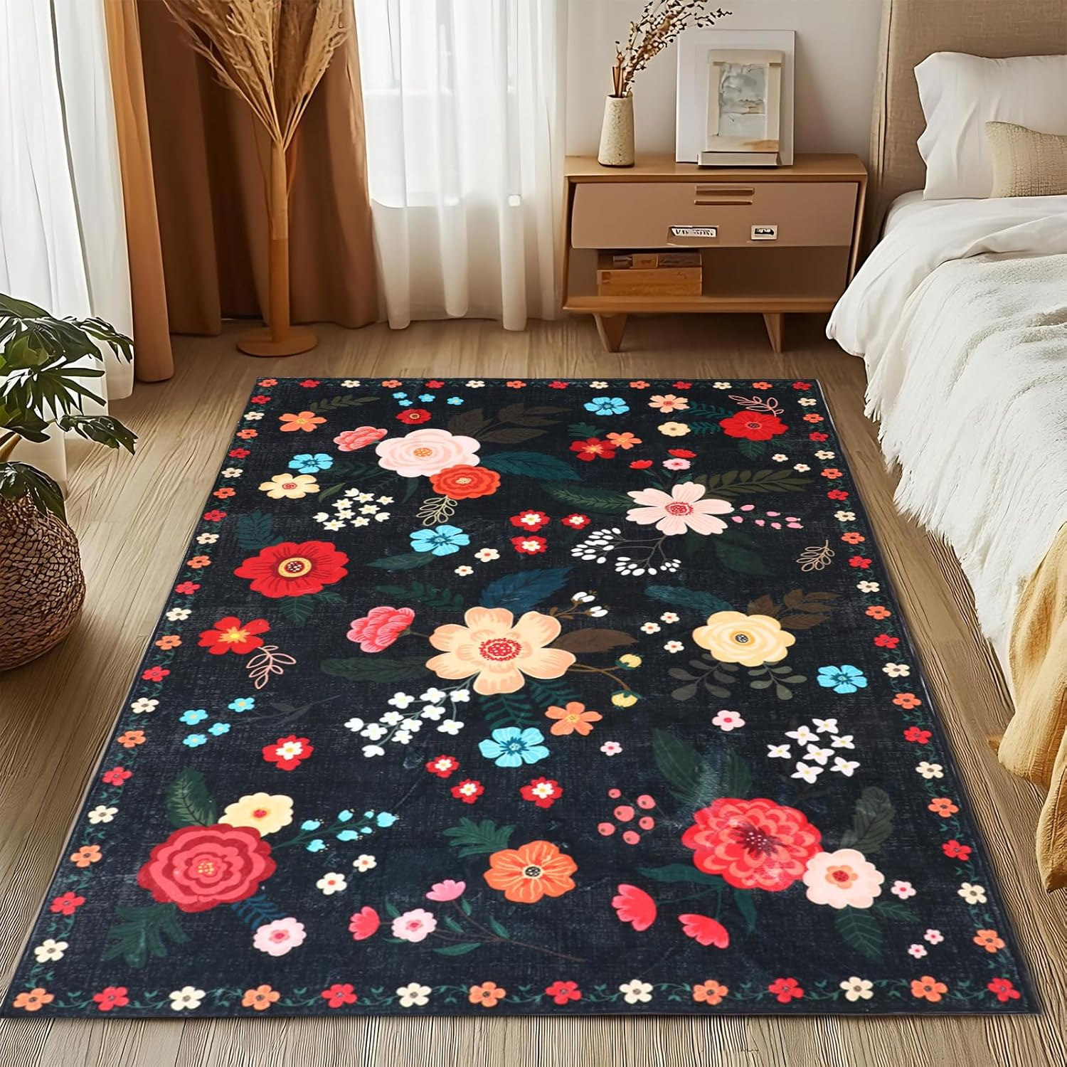 MOSISO 4X6 Area Rug for Living Room, Washable, Non Slip Multicolored Flower, Low Pile Carpet, Faux Wool Rectangular Area Rug Carpet for Living Bedroom Dining Room Home, Black image number 6