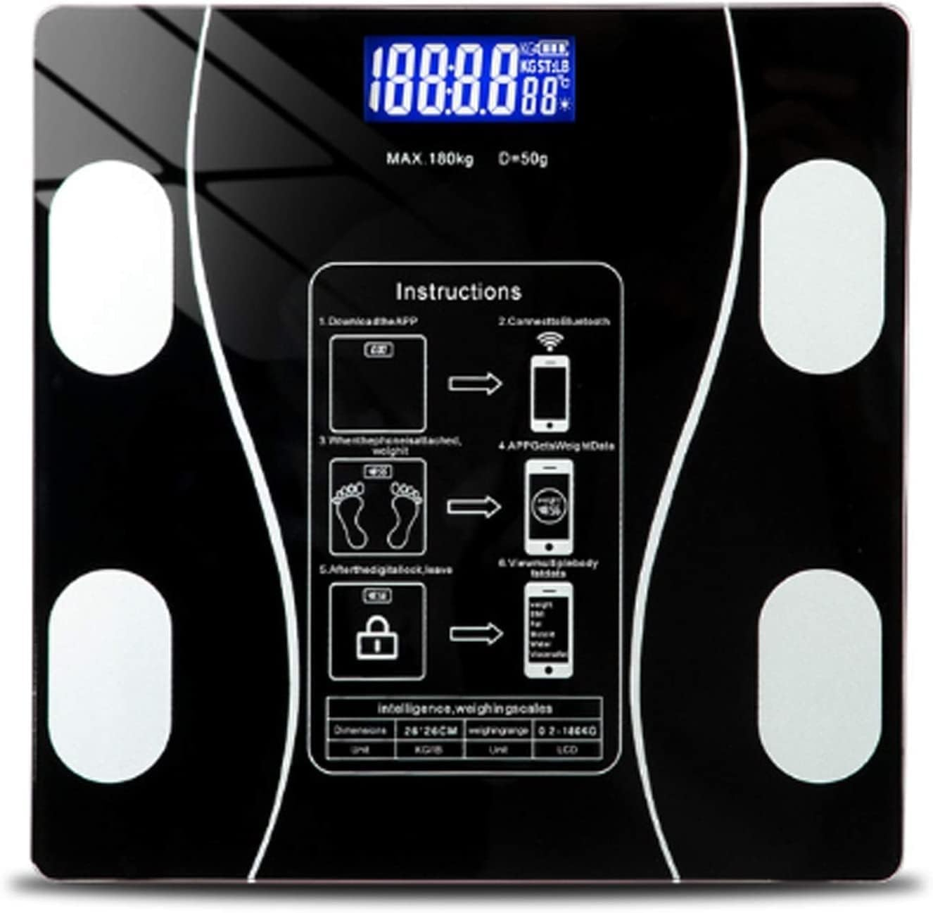 ORCO Digital Smart Body Scale, Bluetooth Bathroom Weight Scale with LCD Display, Tracks BMI, Fat, Muscle Mass, Water Percentage%, Tempered Glass Platform, 180Kg Capacity