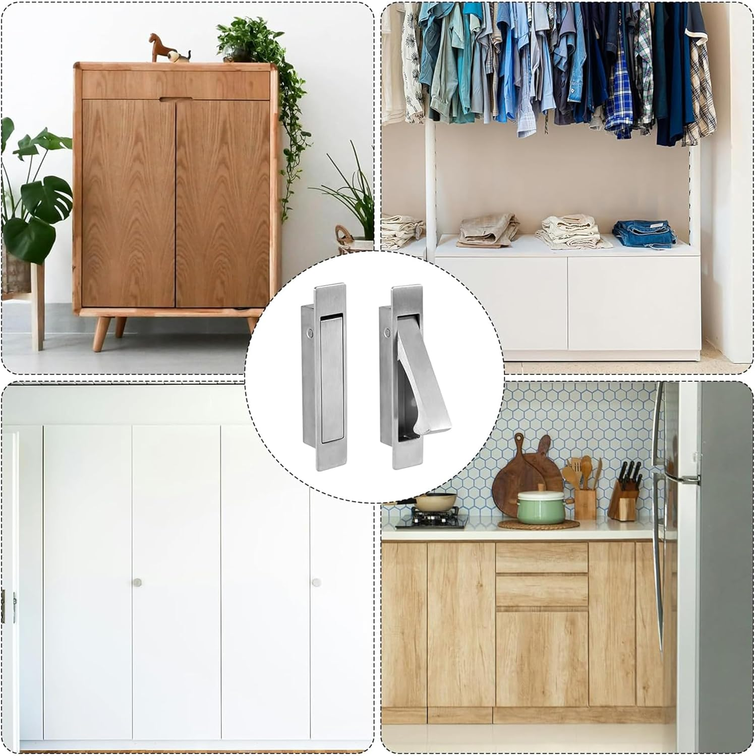 2 Pcs Pocket Door Pull Handle,Flush Mount Door Pull,Hidden Pocket Door Hardware Mount Recessed Drawer Pulls for Sliding Door Closet Cabinet Bathroom,304 Stainless Steel (Silver) - Silver image number 2