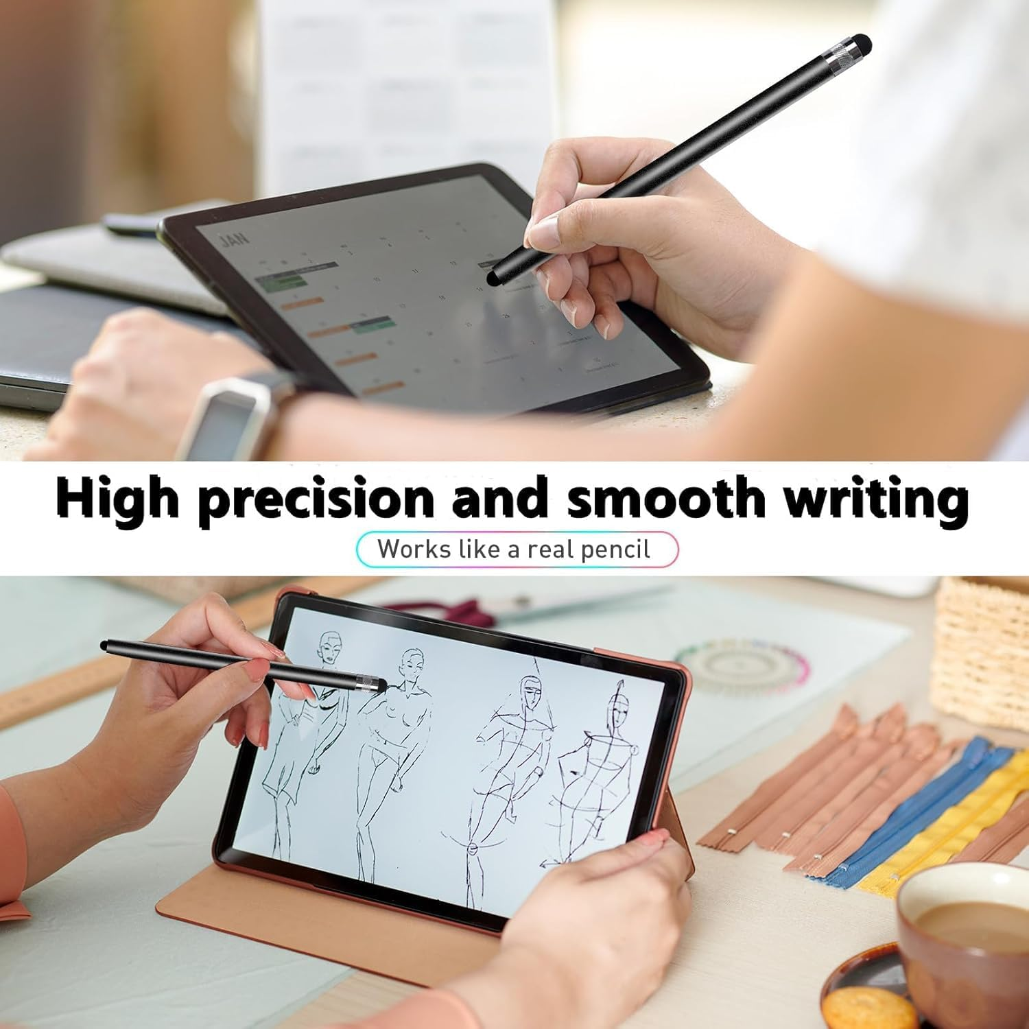 Stylus Pens for Touch Screens,2 Pack Touchscreen Pen 2 in 1 Rubber Stylus Pen for Tablets,Ipad,Iphone,Smartphones, All Universal Touch Screen Devices（Black + Silver） image number 4