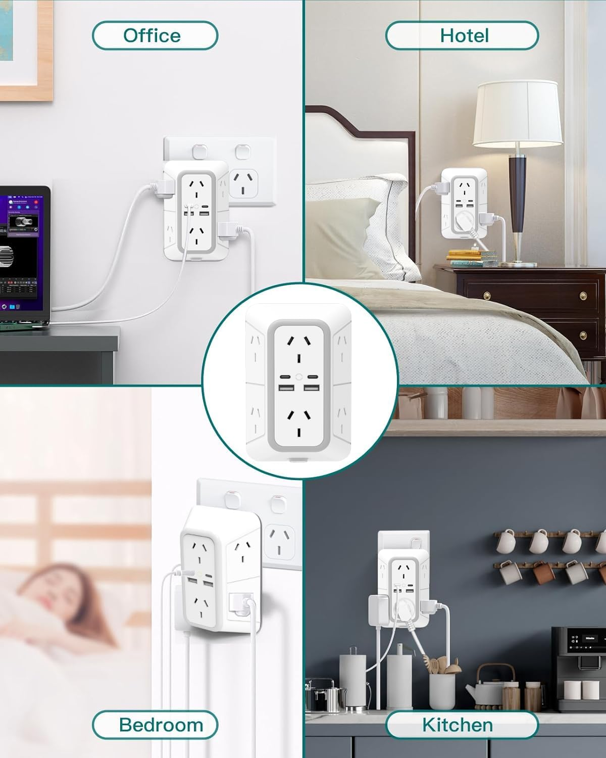 NEWSEE 6 AC Outlet Extender 2400W/10A Power Strip with 4 Fast Charging Ports (PD20W USB-C X2 + 15W USB-A X2) Surge Protector, Multi AU Plug Spaced Outlets Wall Adapter for Home, Office, Travel image number 4