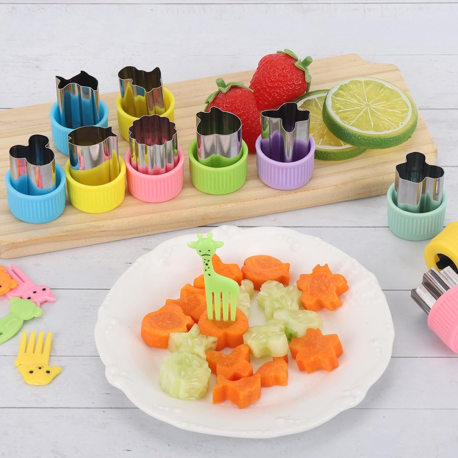 BTYMS 27PCS Stainless Steel Cookie Cutters Set with Mini Fork, Vegetable Fruit Shapes Hand Tools for Kids DIY Baking, Food Safe Sandwich Cake Decorations image number 1