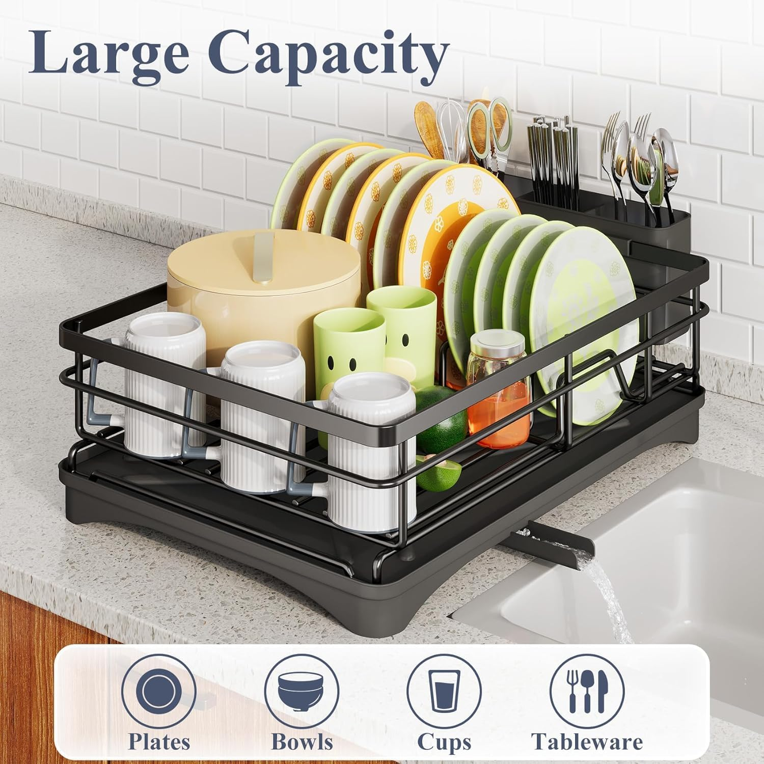 Stainless Steel Dish Rrying Rack for Kitchen Countertop - Large Capacity Dish Drainer with Utensil Holder for Plates, Spoons, and Forks, Black image number 2