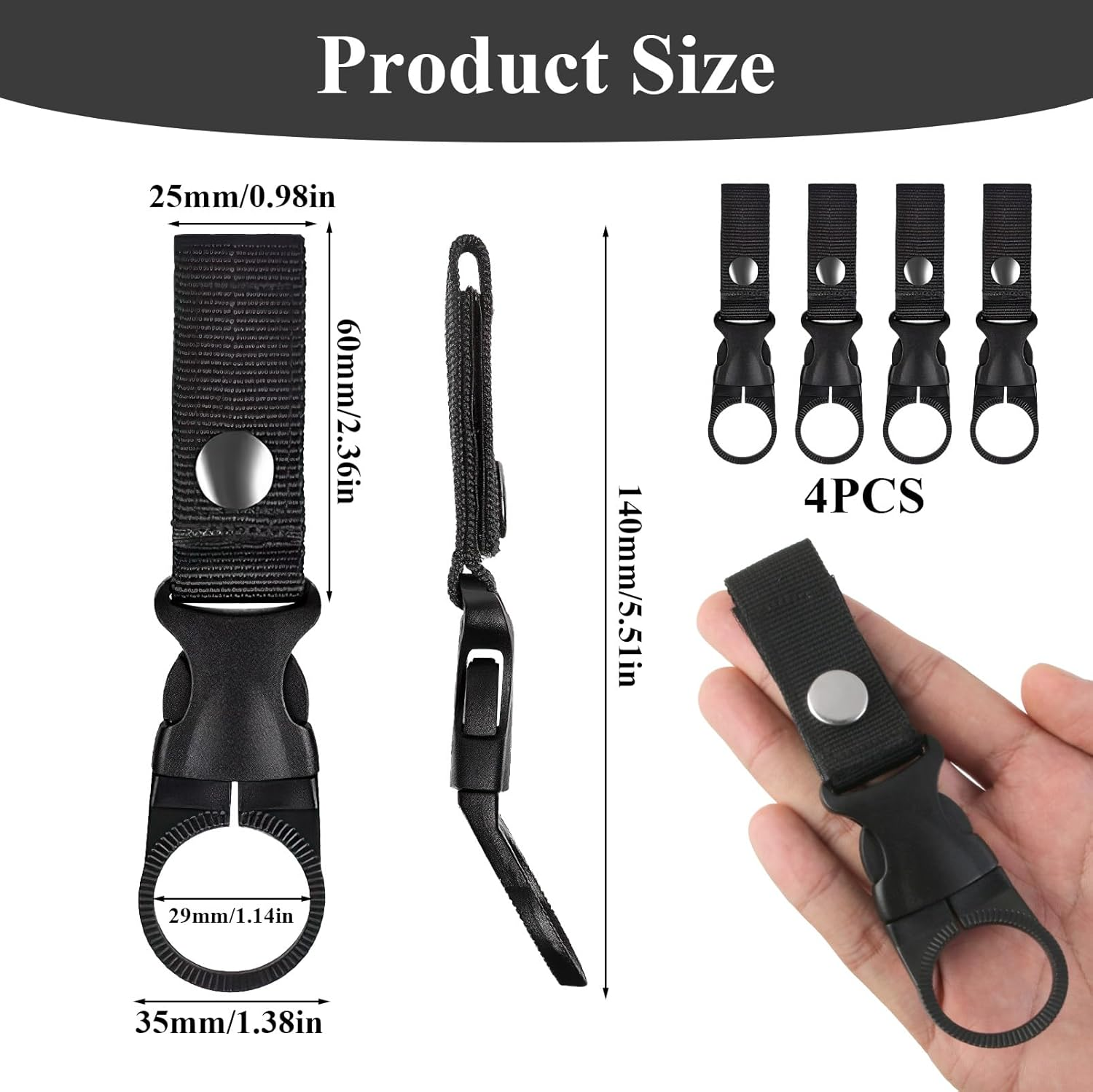 4 Pcs Water Bottle Clips - Secure Nylon Belt & Backpack Hanger for Hiking, Camping, Cycling - Portable Bottle Ring Holder for Outdoor Travel (Black) image number 6