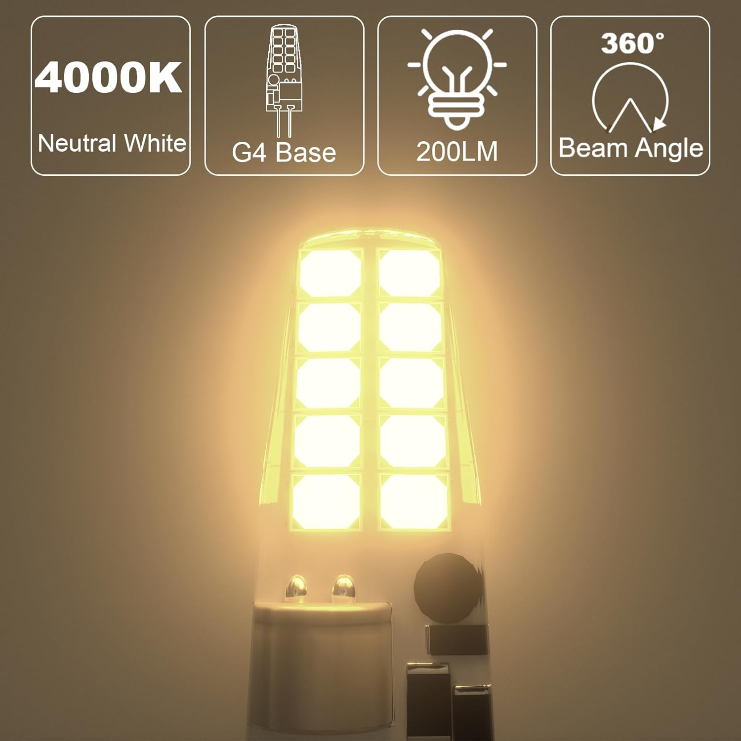 LUTW G4 LED Bulbs Neutral White 4000K, AC/DC 12V G4 Bulb LED Equivalent 20W Halogen, 2W 200LM 2 Pin Light Bulbs, Non Dimmable No Flickering LED Lights for Home Lighting, Chandelier, Cabinet, 10 Pack image number 3