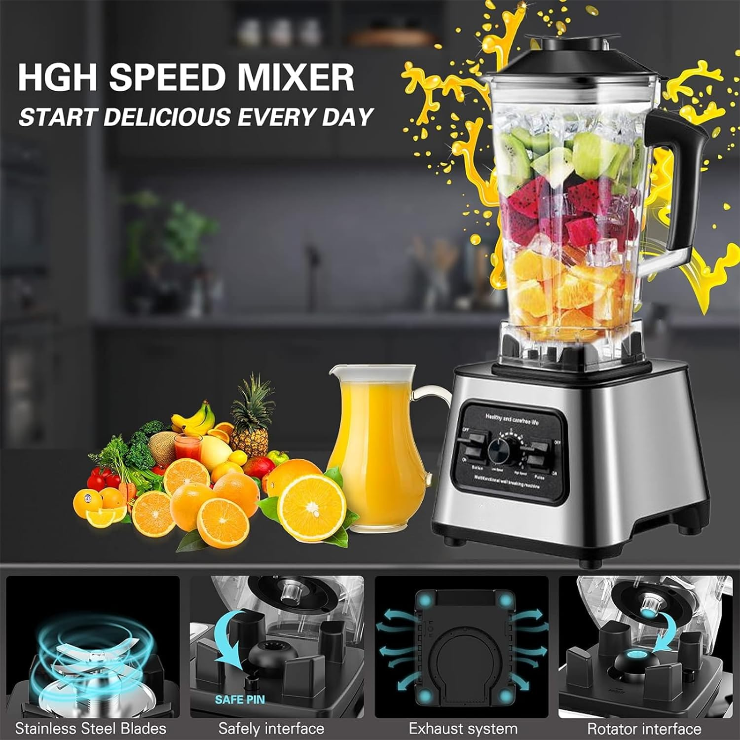 2-In-1 Multi Blender, 6000W Professional High Speed Blenders Smoothie Maker with 2.5L Bpa-Free Container, 9 Speed Control, 8 Titanium Stainless Steel Blade for for Ice/Nut, Kitchen (220V, AU PLUG) image number 3
