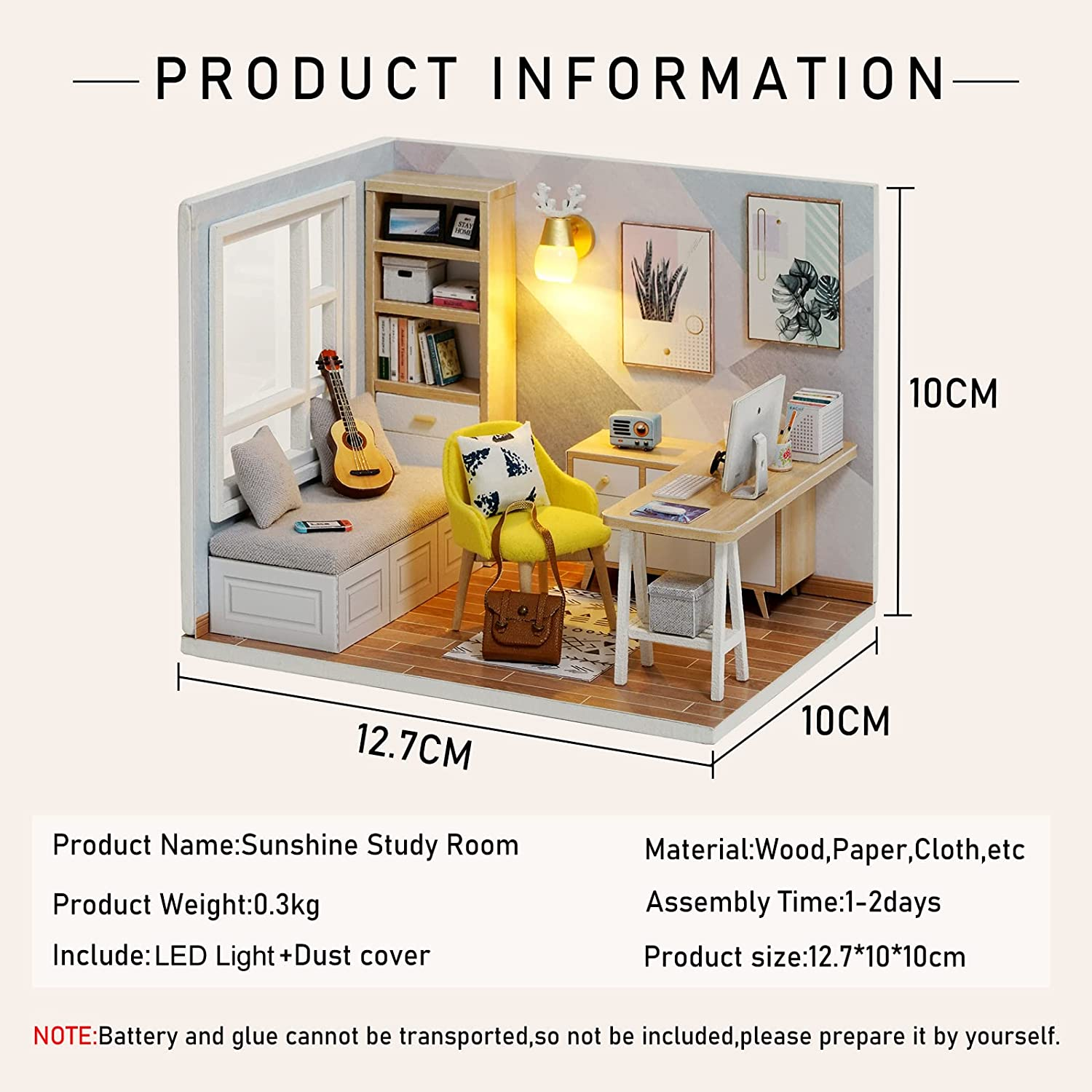 DIY Miniature Dollhouse Kit with Furniture,Wooden Doll House plus LED Lights & Dust Cover, DIY House Kit, Mini House Building Kit(Study Room) image number 6