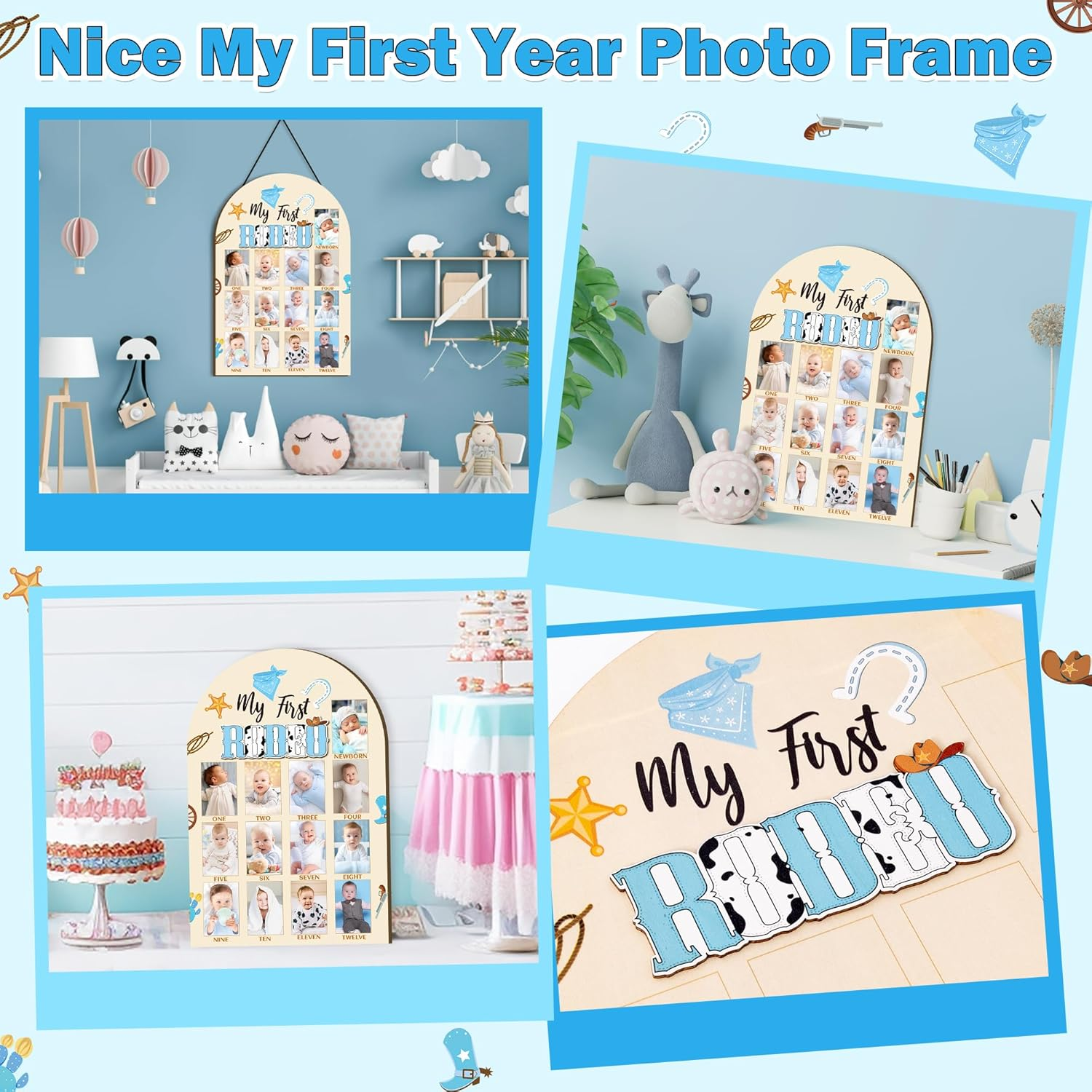 R HORSE 3D My First Rodeo Birthday Wood Photo Display Board, Blue Cowboy Baby'S First Year Picture Frame, 1-12 Months Milestone Board Birthday Decorations Keepsake Gift for Baby Boys Nursery Decor image number 1