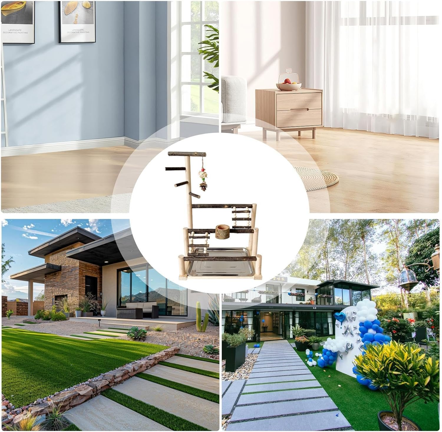 Generic Parrot Playstand - Interactive Large Bird Stand Playground, Parrot Playground Stand, Natural Bird Cage Exercise Toy, Parakeet Cage Accessories with Feeding Cups for Parakeet image number 3