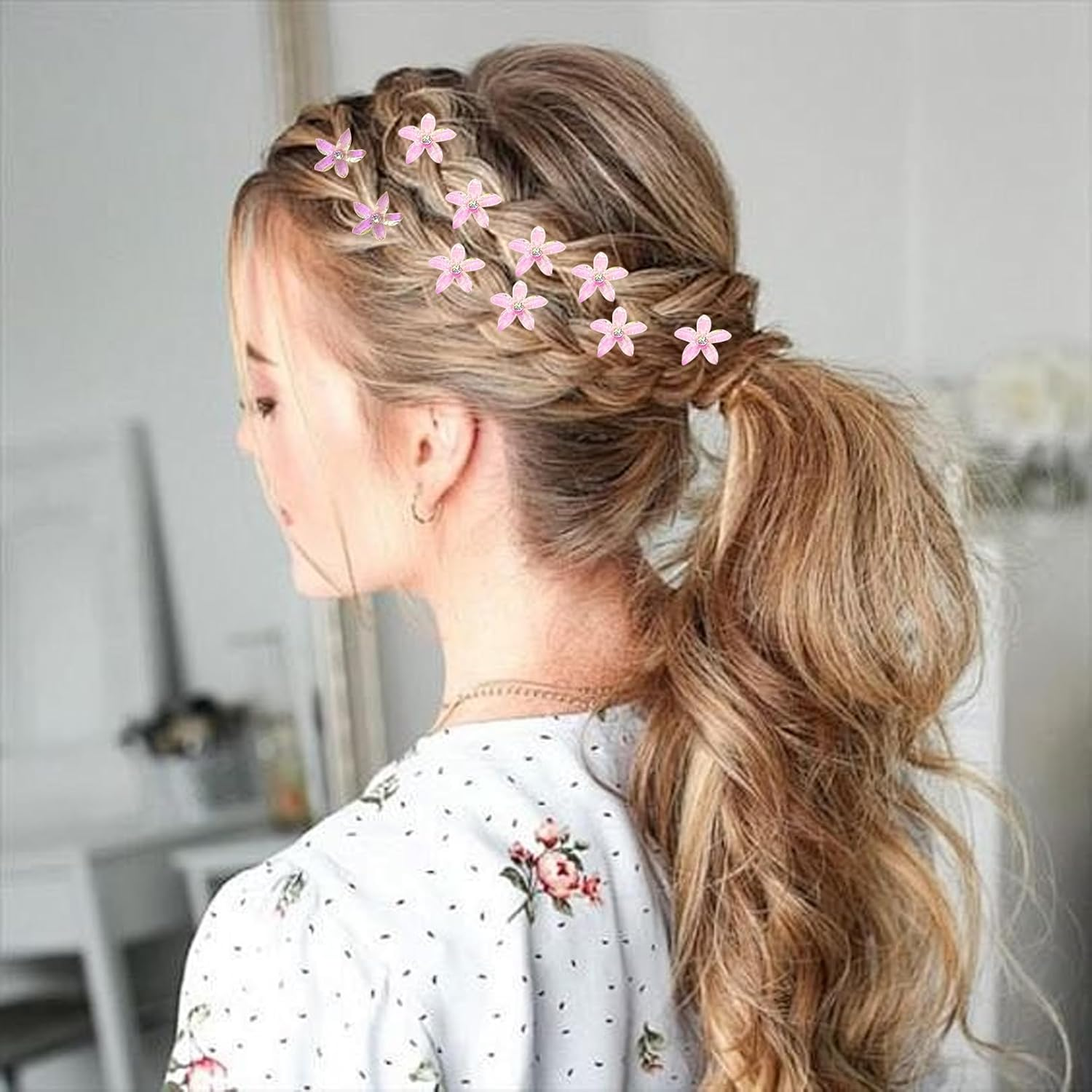 Pack of 10 Flower Hair Clips, Small Hair Clips, Girls' Hair Accessories with Rhinestones, Small Accessories Hair Clip, Flower Hair Accessories, Orchid Hair Clip Set, for Girls and Women (Pink)