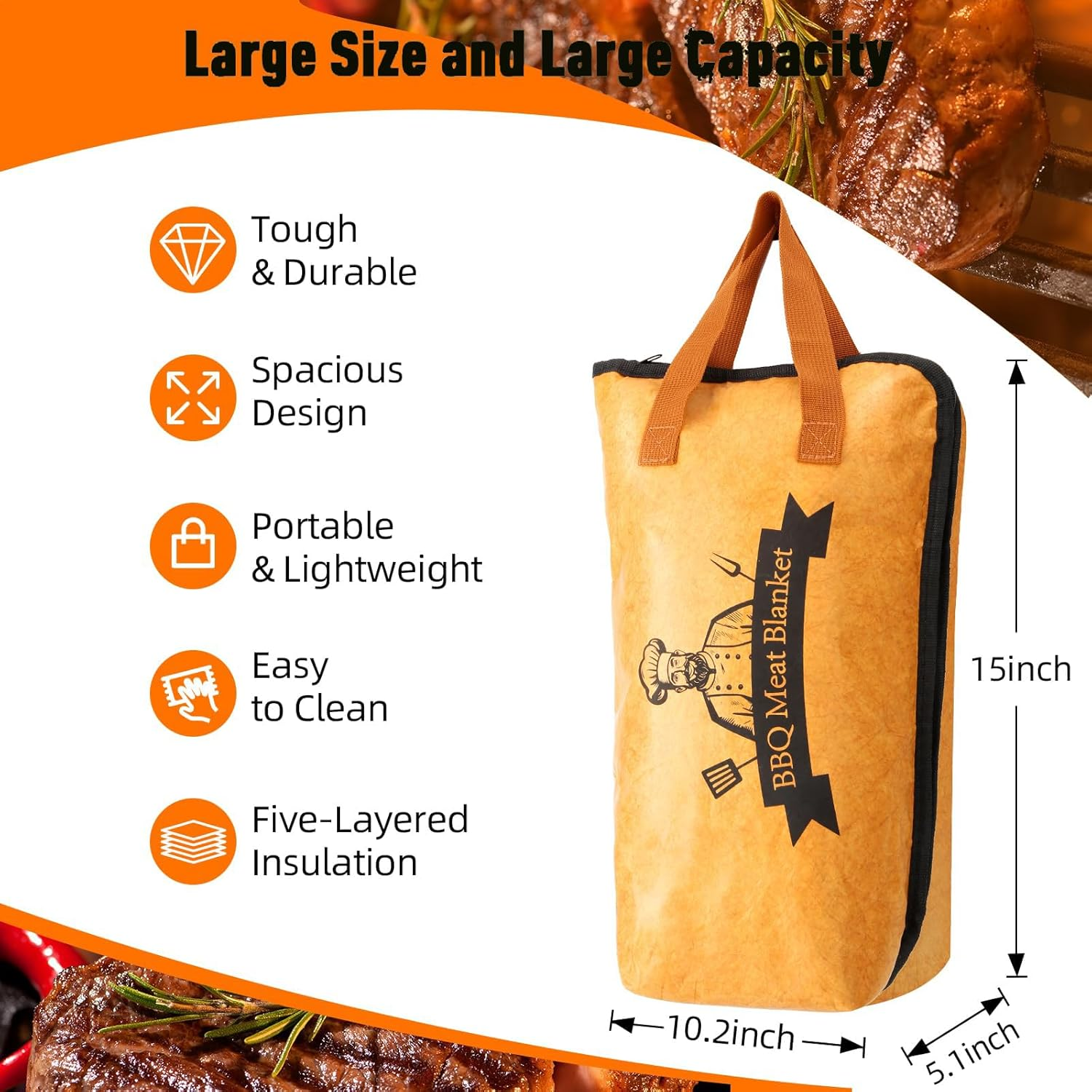 BBQ Blanket for Resting Meat, Insulated Smoker Meat Resting Bag, Reusable Grilling Blanket for Large Briskets, Beef, Pork Shoulders, Turkey, Wide Mouth Design, Heavy Duty Heat Retention image number 4