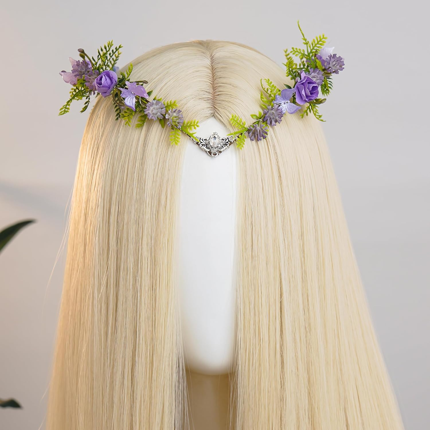 MOSTORY Purple Elf Crown for Wedding Women Floral Fairy Headpiece with Butterflies for Renfaire Woodland Fairy Costume