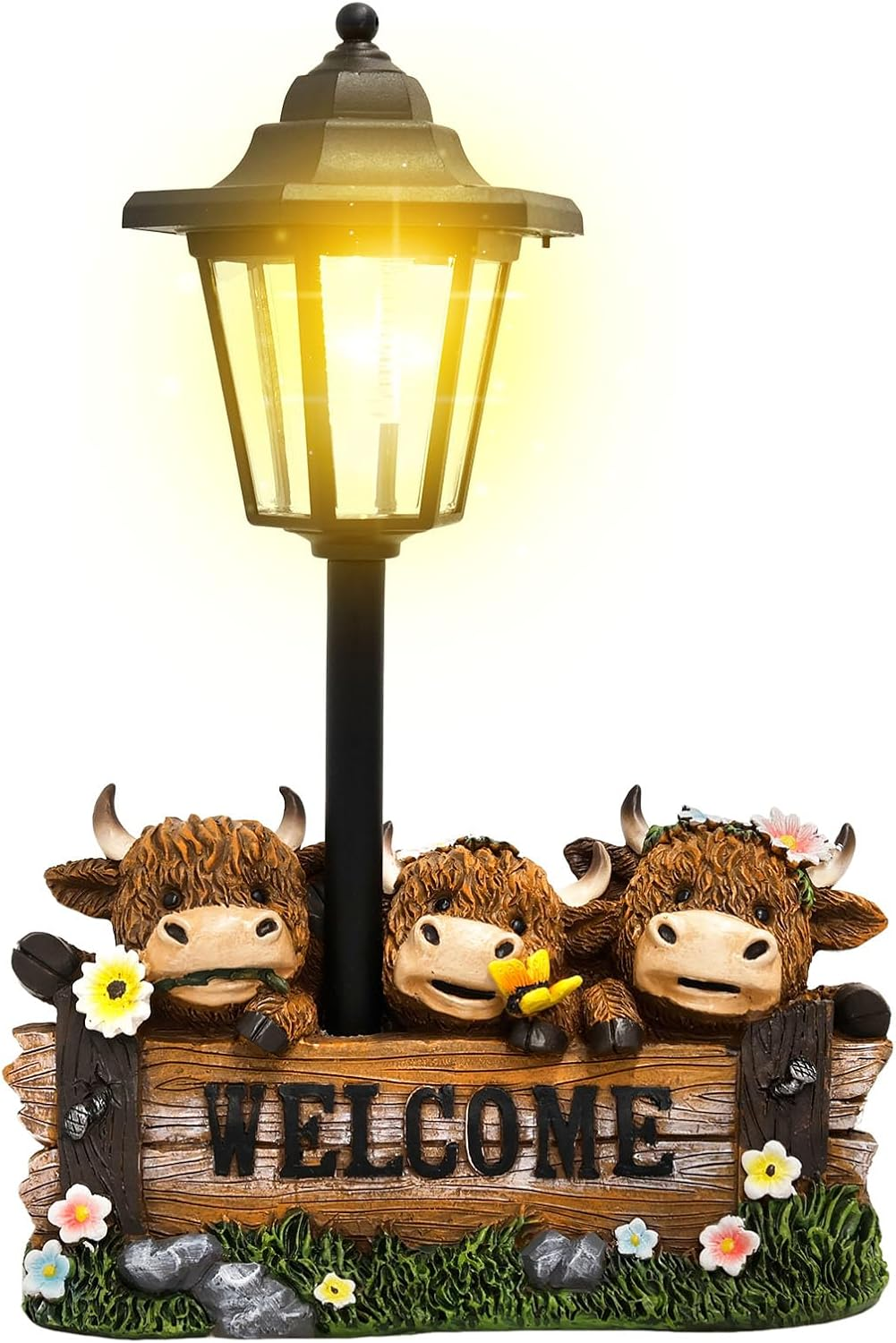 Garden Highland Cow Statue, Funny Highland Cow Decor with Solar Lantern, Synthetic Resin Cows Garden Statue, Lawn Ornament for Yard Patio Pathway (Color B)