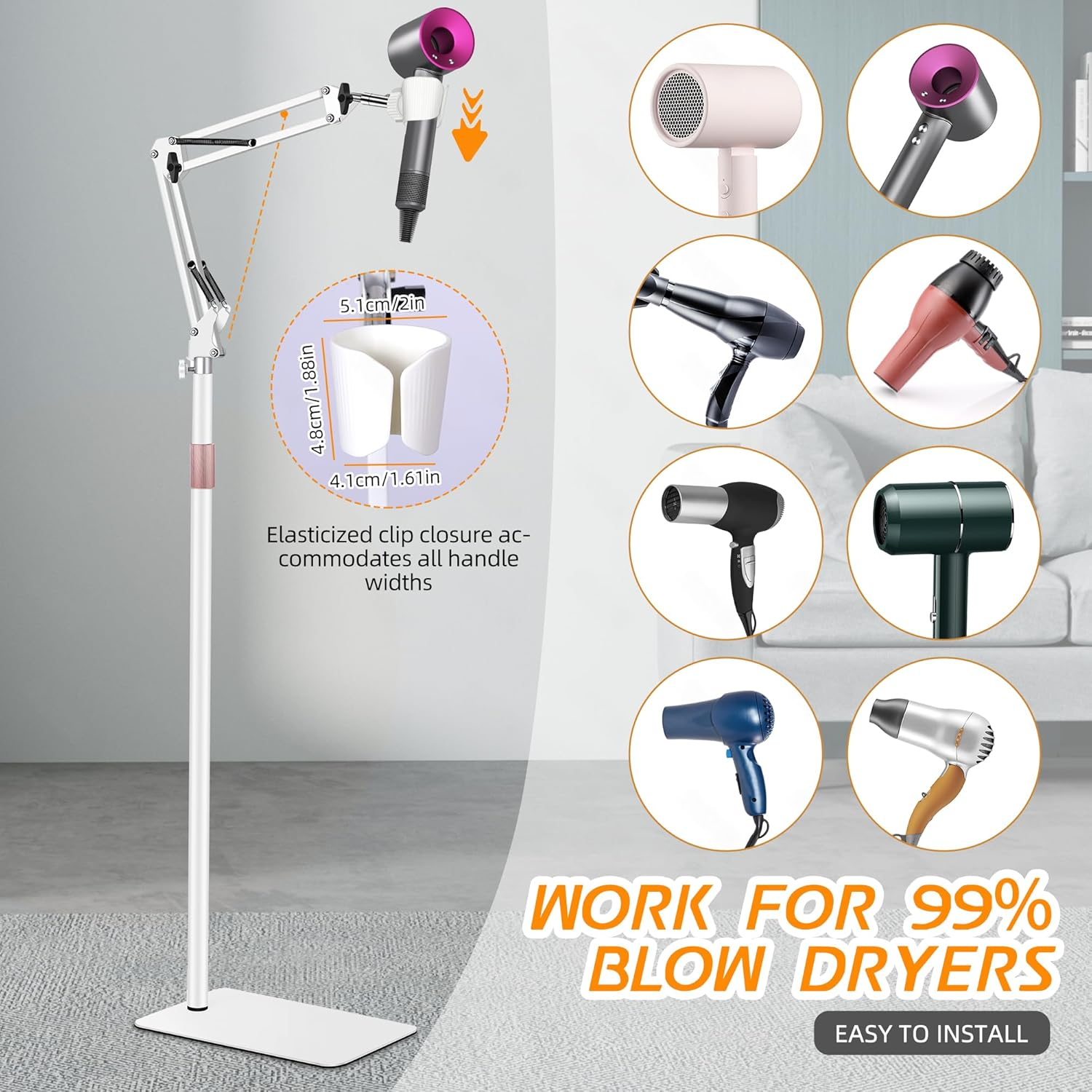 Hair Dryer Stand, 1.68M Height Adjustable, Hands Free Blow Dryer Holder with Heavy Base, 360 Degree Rotating, Work with 99% Dryers, Gift for Mom, Elder, Frozen Shoulder - White image number 6