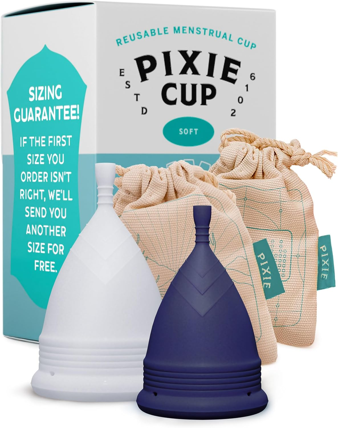 2 Pixie Menstrual Cups - No Metals or Toxins - 100% Medical-Grade Silicone - Ranked 1 for the Most Soft Reusable Period Cup - Wear 12 Hours - Tampon Alternative - Buy One We Give One (Combo)