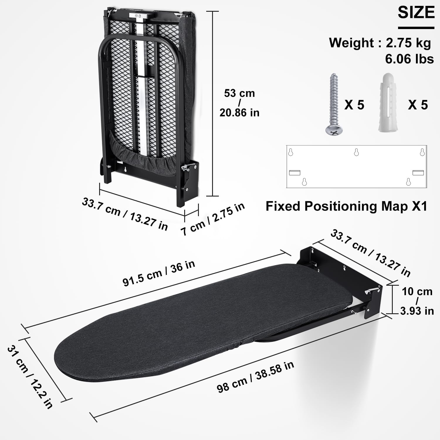 Duwee Wall-Mounted Foldable Ironing Board, Retractable Ironing Boards with Heat Resistant Cover, Space-Saving Iron Table, Easy to Install, Hardware Included image number 3
