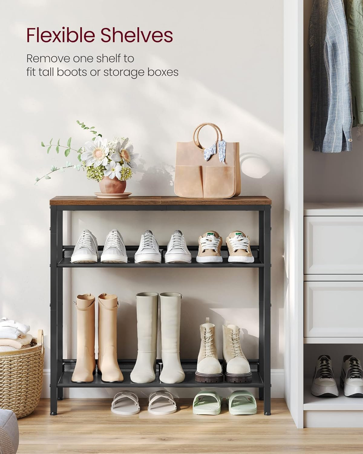 VASAGLE Shoe Rack for Entryway, 4-Tier Shoe Rack Organizer with Storage Shelves and Spacious Top, Freestanding, Adjustable, Industrial, Rustic Brown and Ink Black ULBS040B01