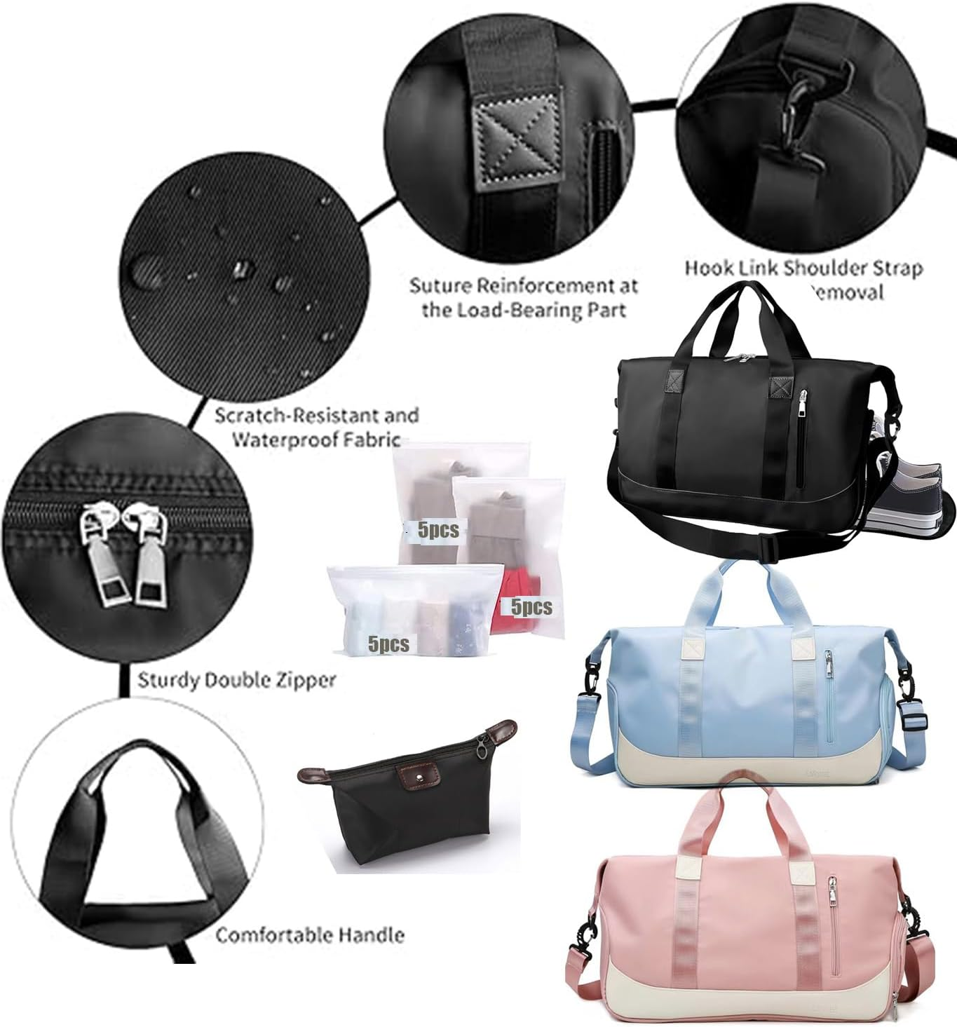 Sports Gym Bag for Women and Men Travel Duffel Bag Overnight Shoulder Carrier Weekender Carry on Workout Carrier Portable Athletic Tote with Shoes Compartment & Wet Pocket (Black)